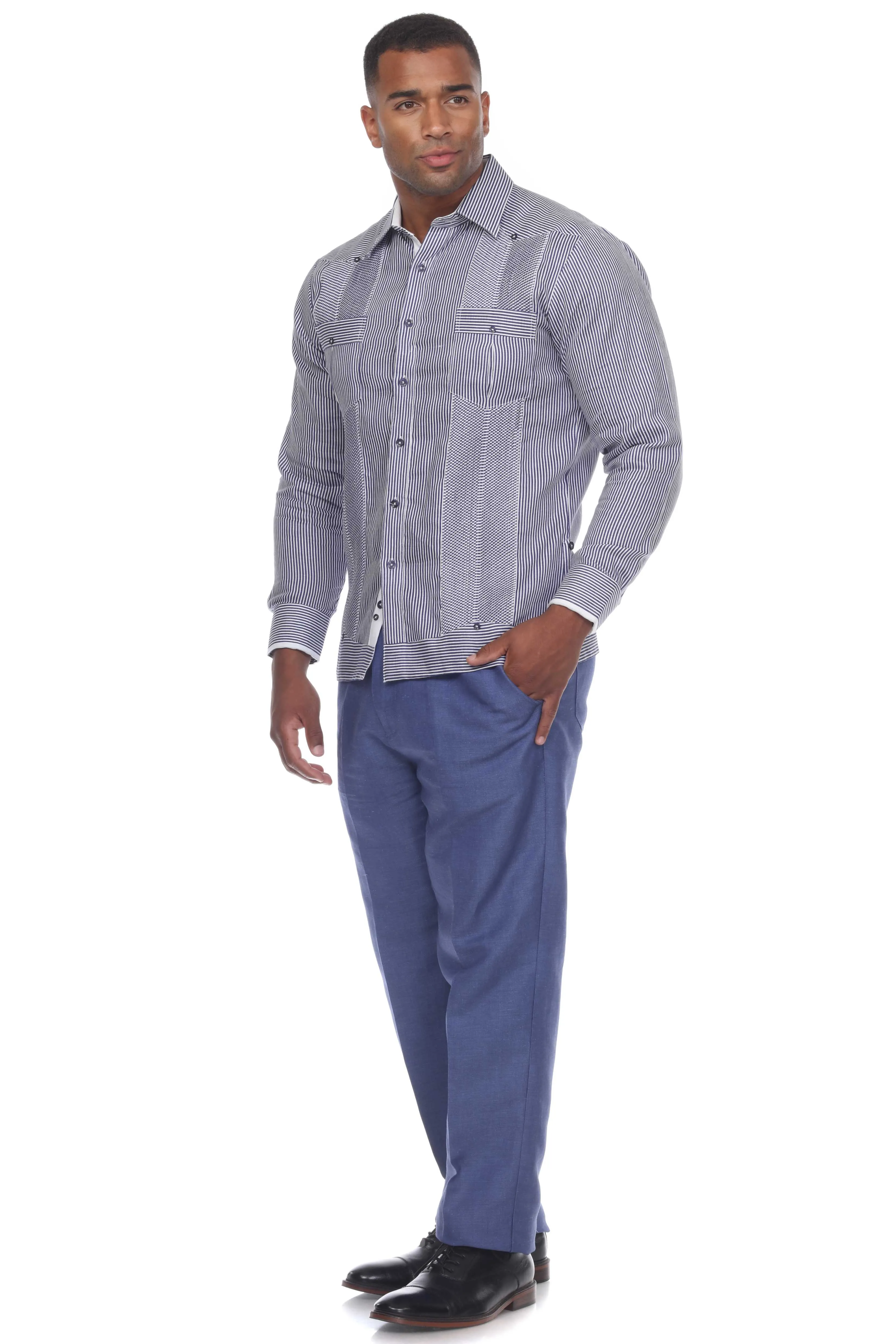 Mojito Men’s 100% Linen Contrast Panel Guayabera Long Sleeve with Refined Detailing