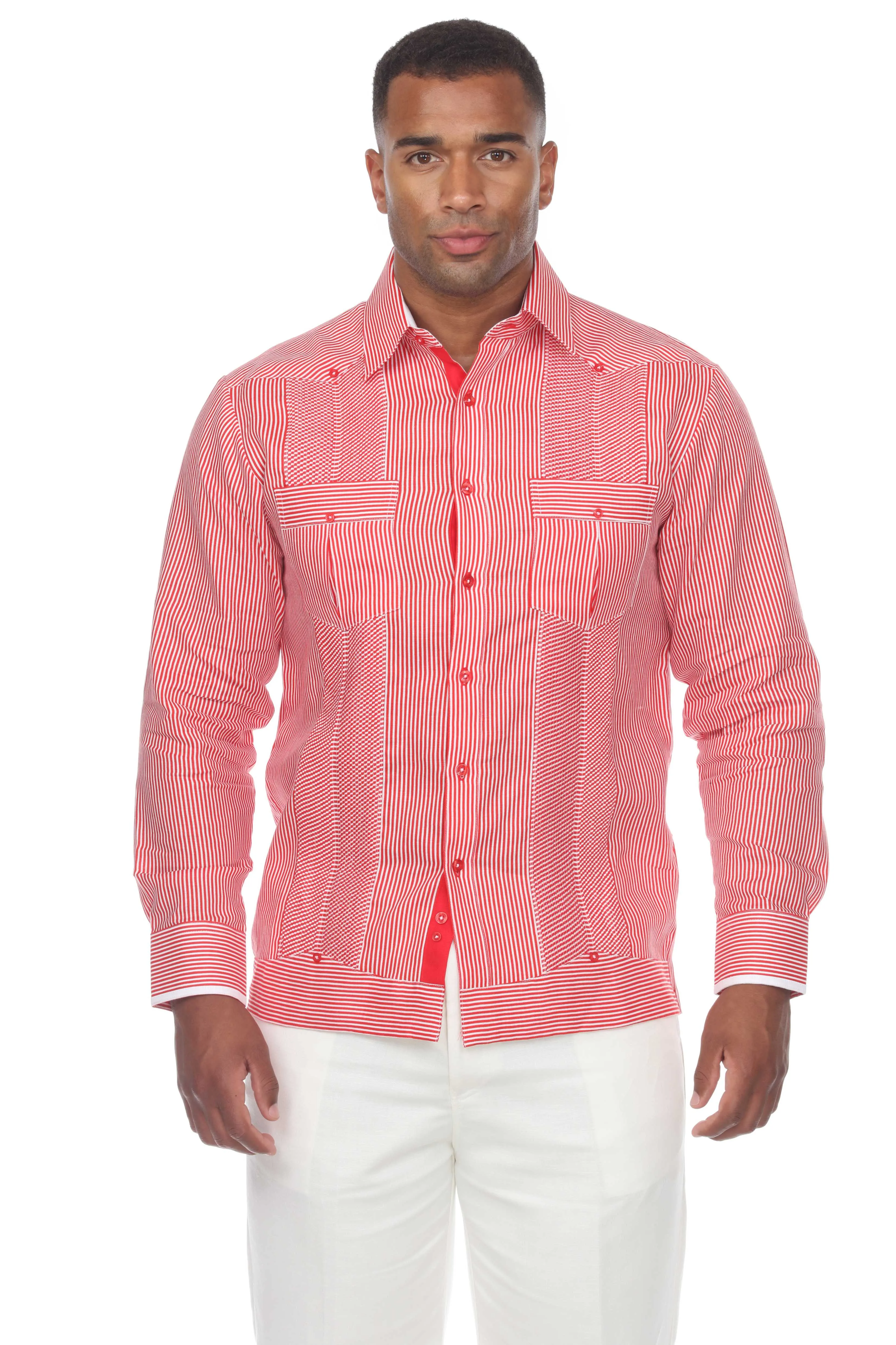 Mojito Men’s 100% Linen Contrast Panel Guayabera Long Sleeve with Refined Detailing