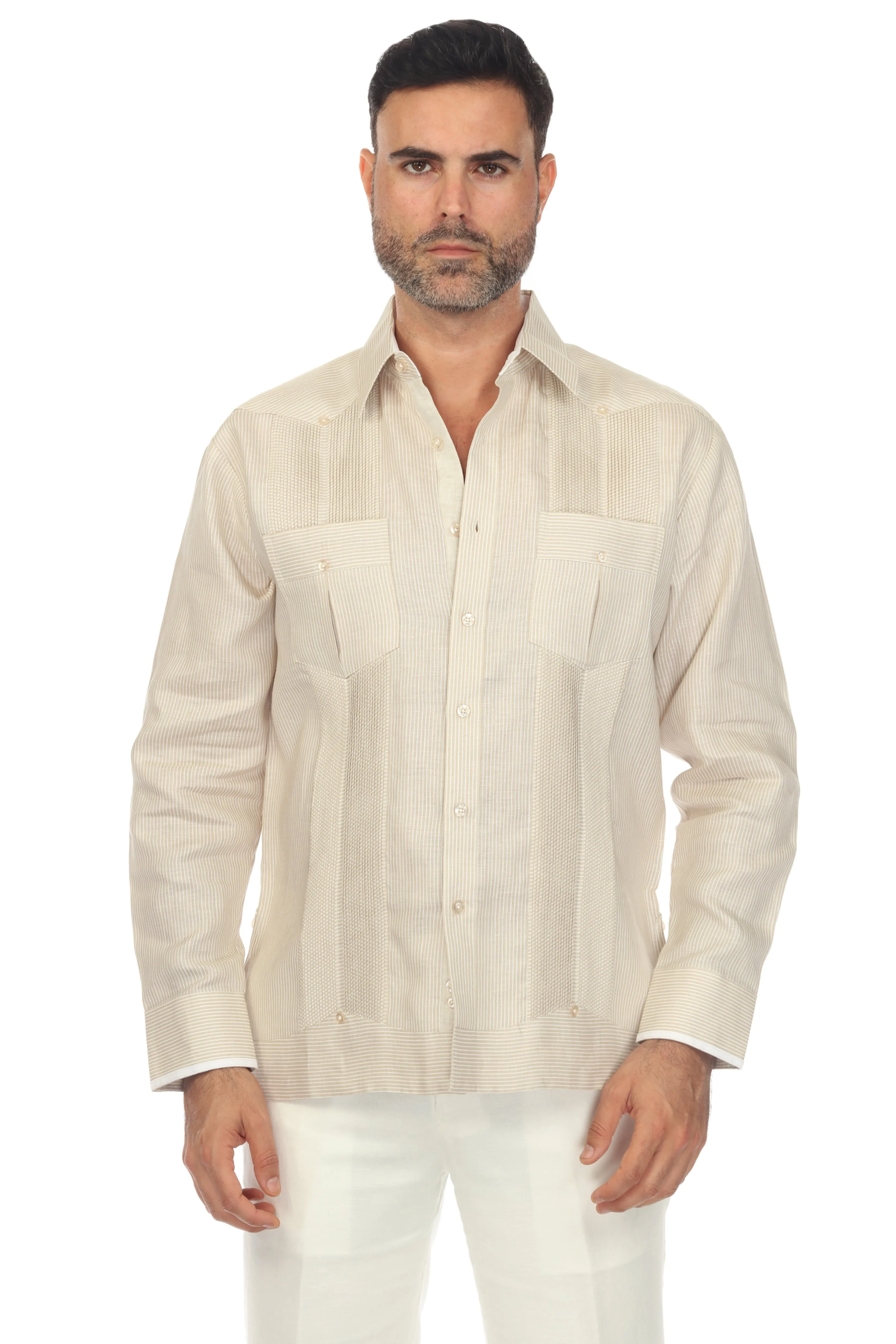 Mojito Men’s 100% Linen Contrast Panel Guayabera Long Sleeve with Refined Detailing