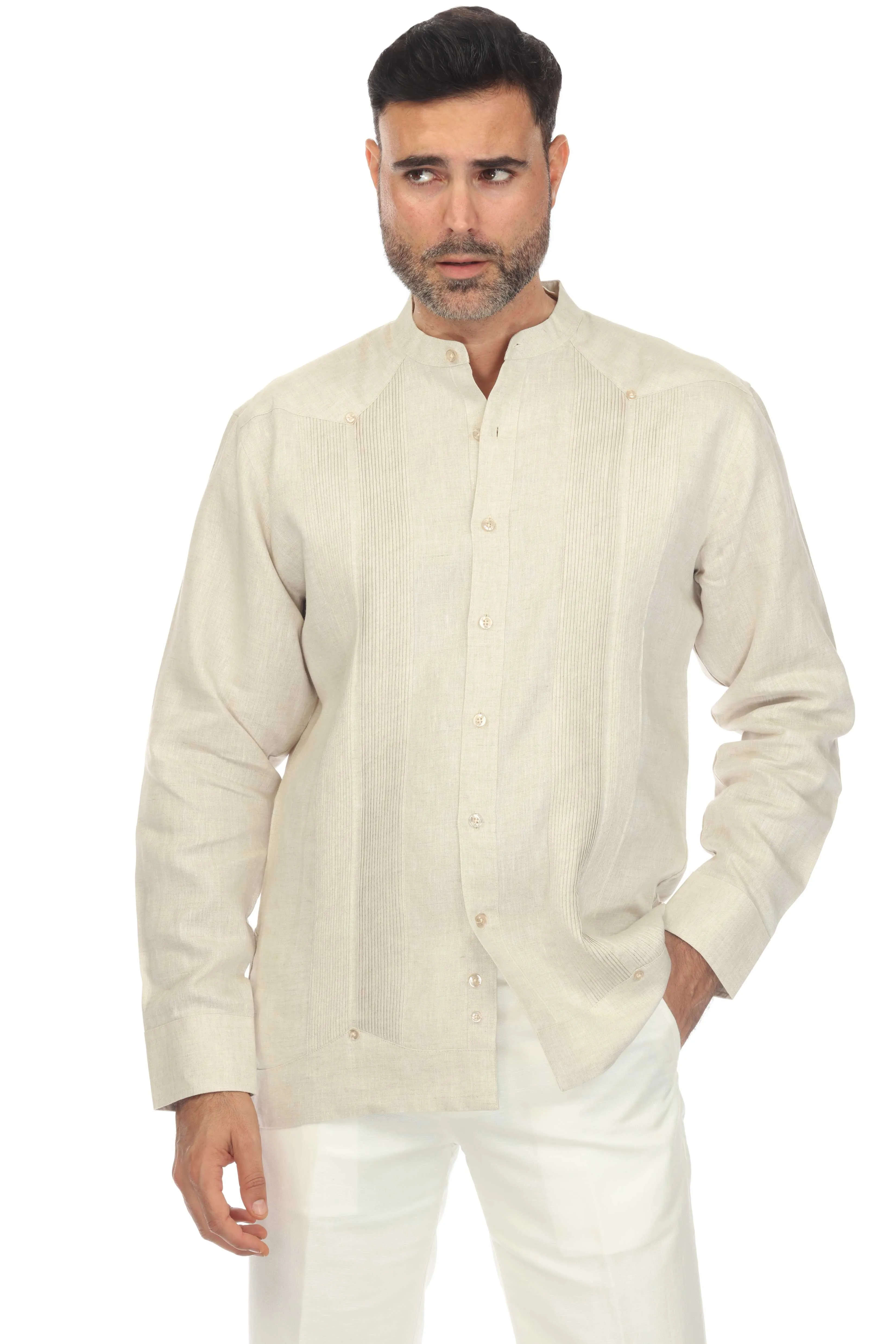 Mojito Men’s 100% Linen Mandarin Collar Resort Wedding Guayabera with Pleated Detailing