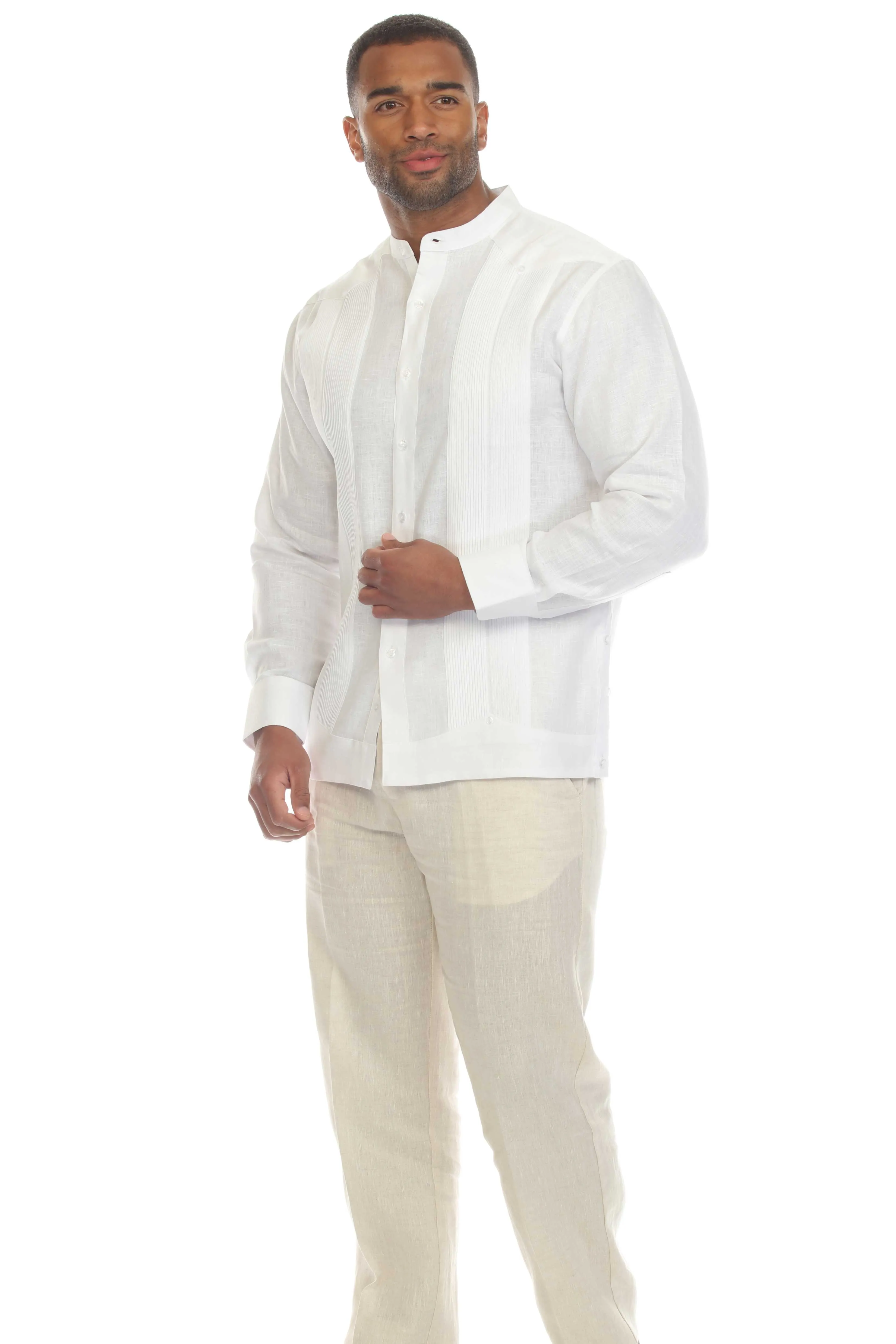 Mojito Men’s 100% Linen Mandarin Collar Resort Wedding Guayabera with Pleated Detailing