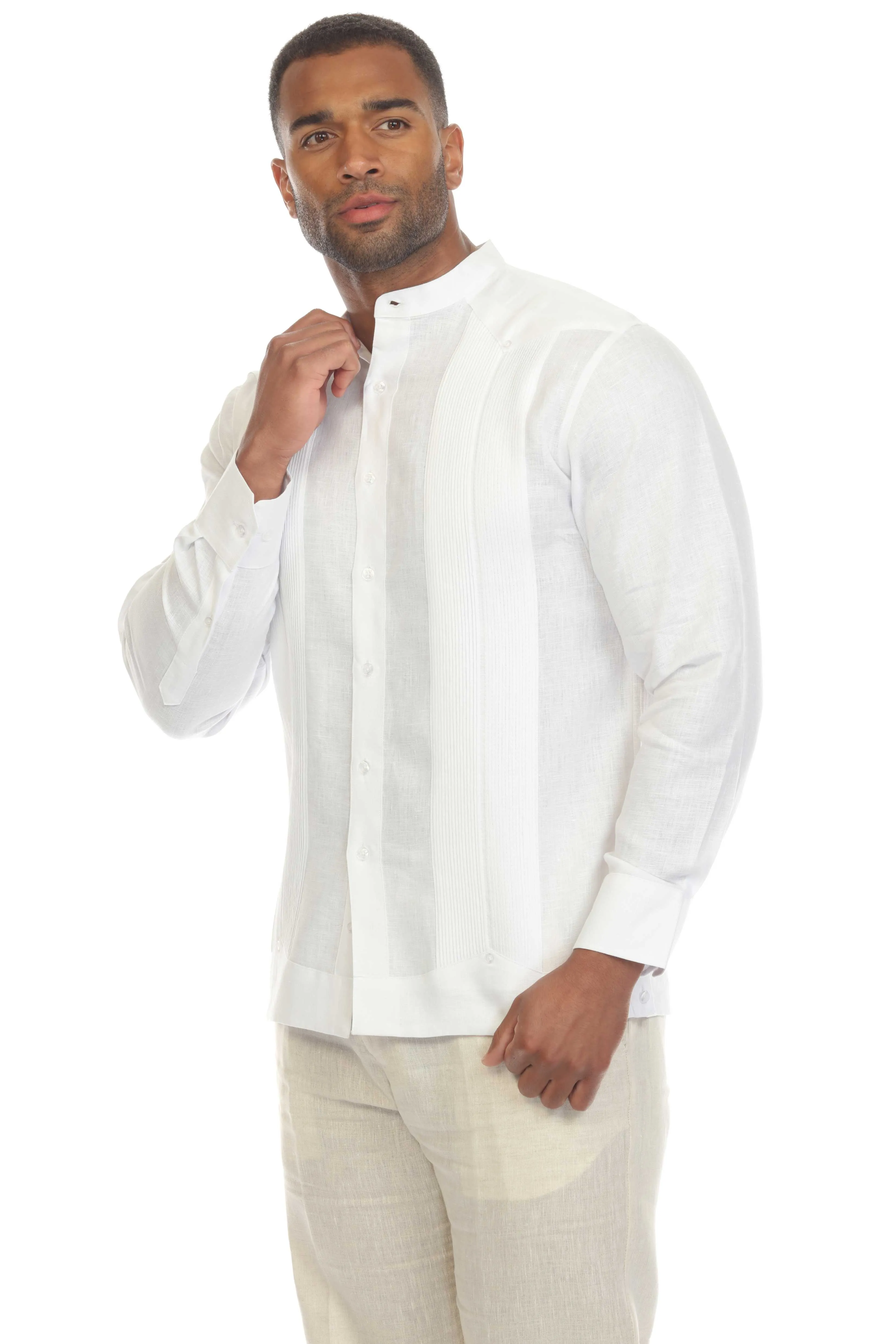 Mojito Men’s 100% Linen Mandarin Collar Resort Wedding Guayabera with Pleated Detailing