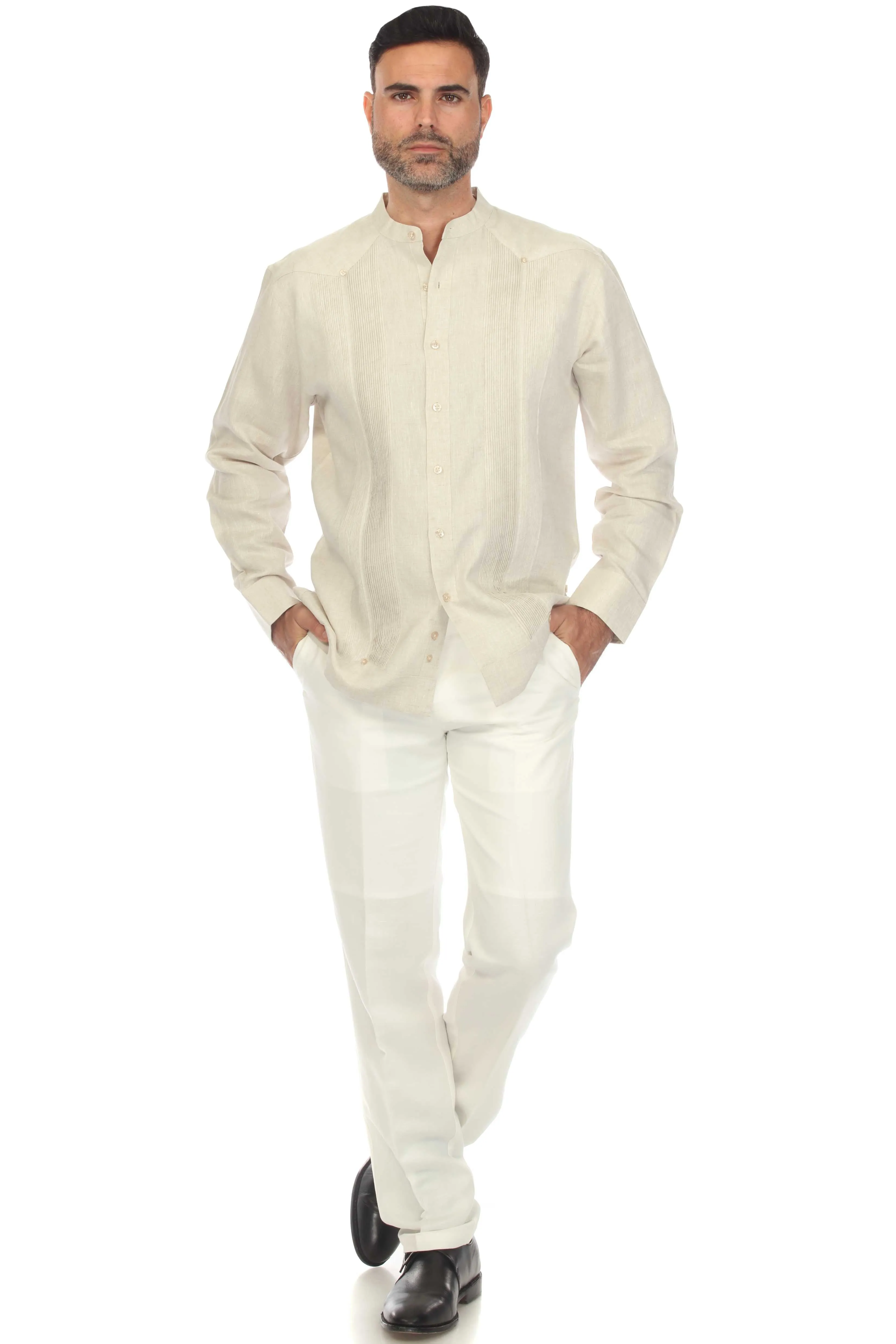 Mojito Men’s 100% Linen Mandarin Collar Resort Wedding Guayabera with Pleated Detailing