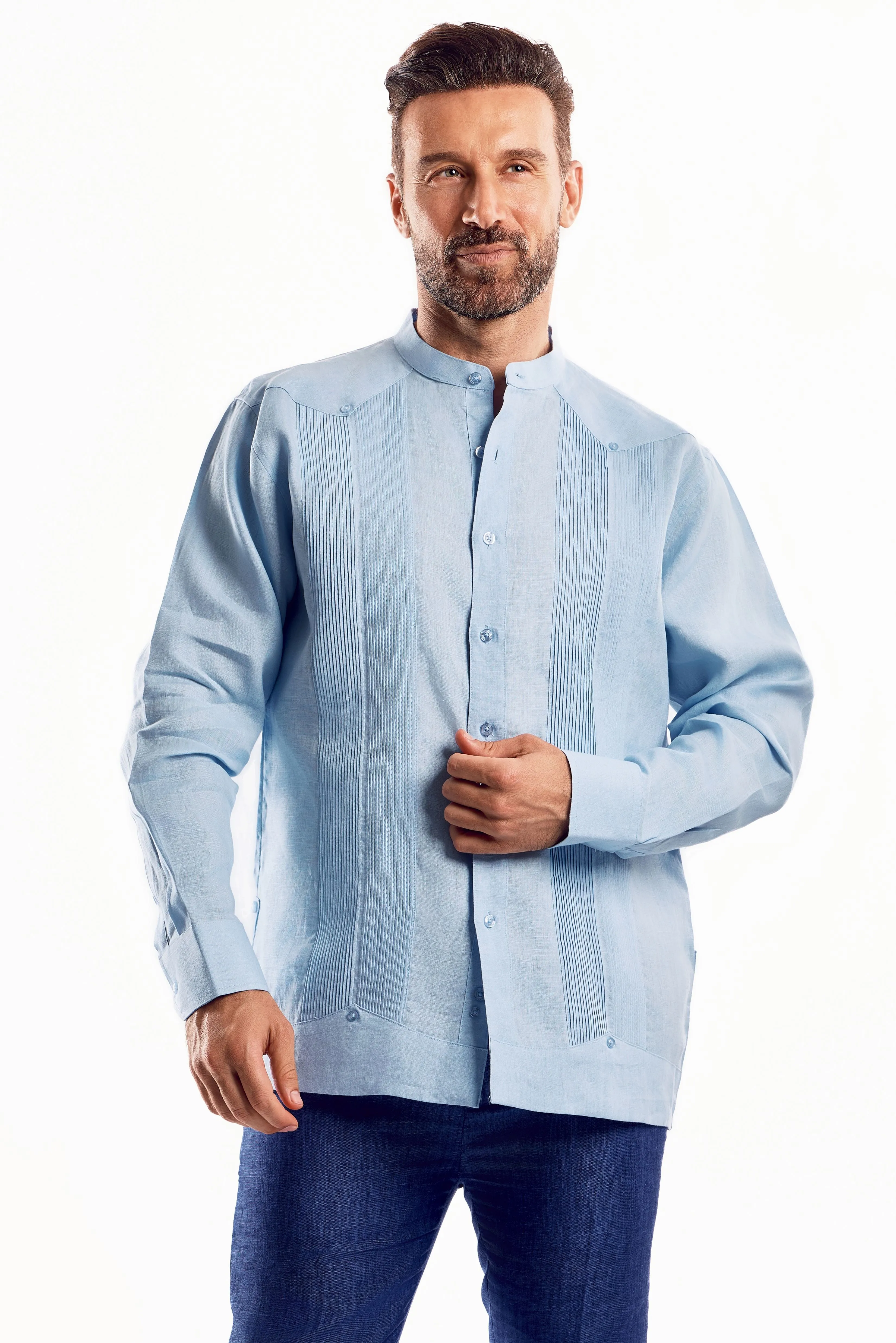 Mojito Men’s 100% Linen Mandarin Collar Resort Wedding Guayabera with Pleated Detailing