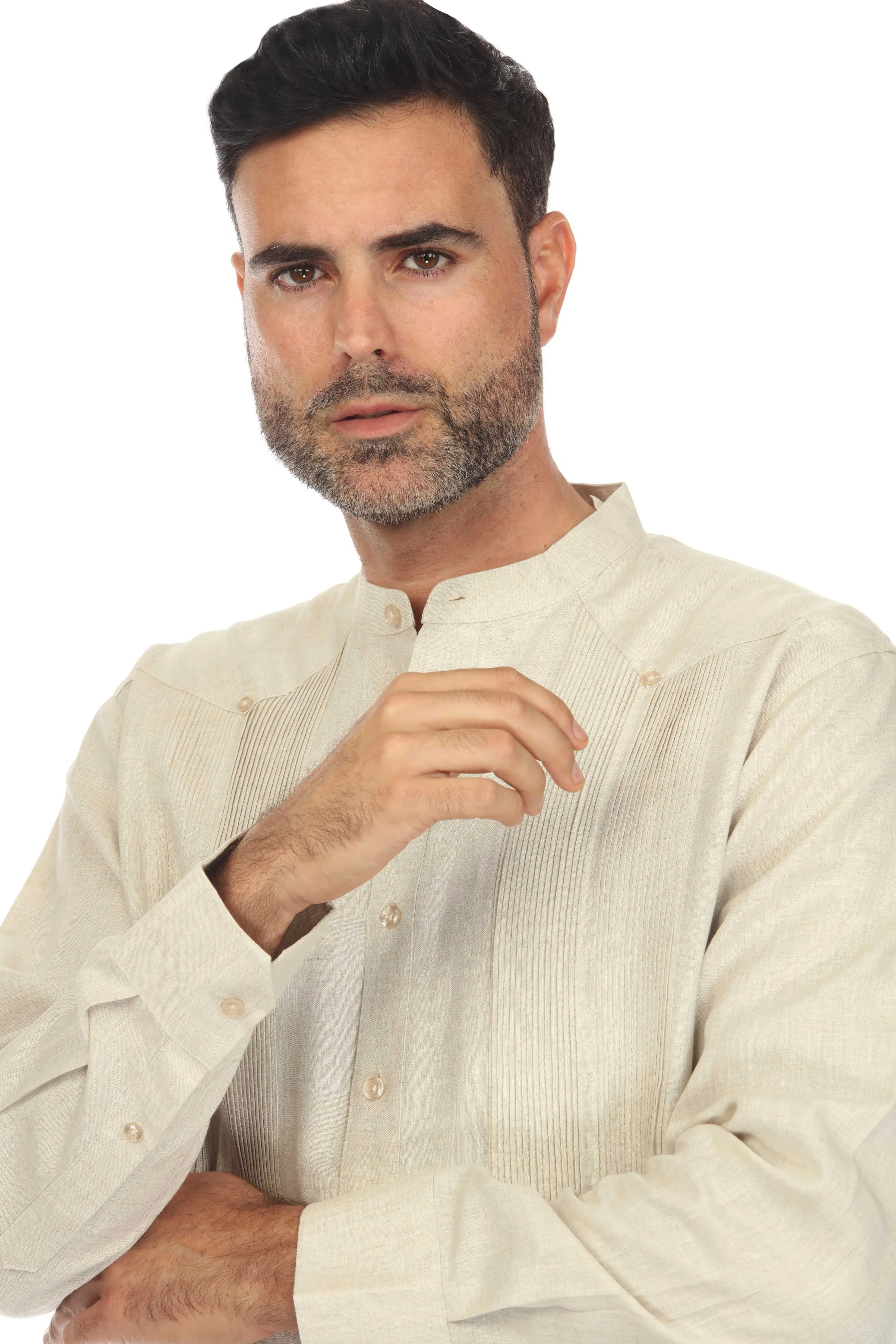 Mojito Men’s 100% Linen Mandarin Collar Resort Wedding Guayabera with Pleated Detailing