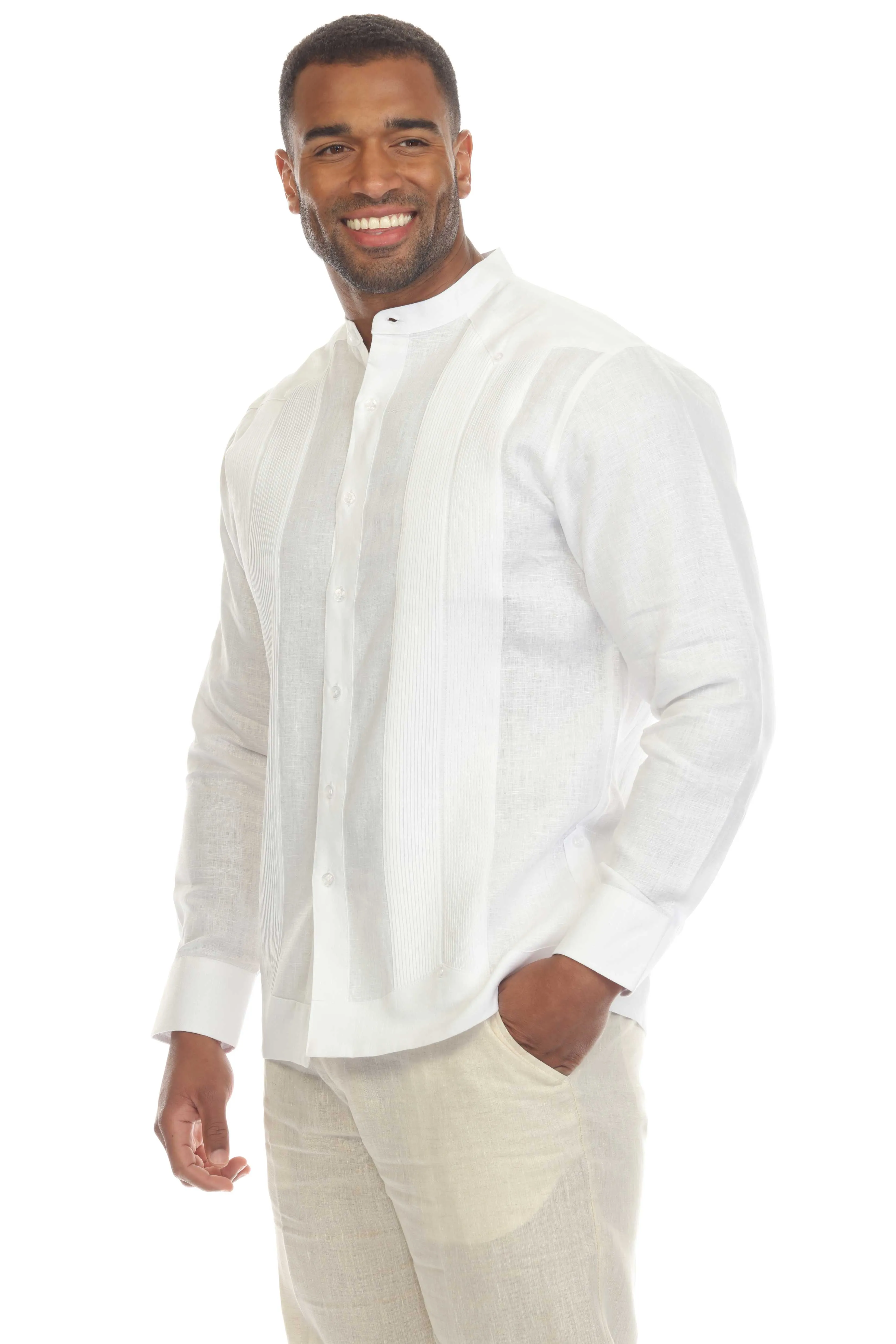 Mojito Men’s 100% Linen Mandarin Collar Resort Wedding Guayabera with Pleated Detailing