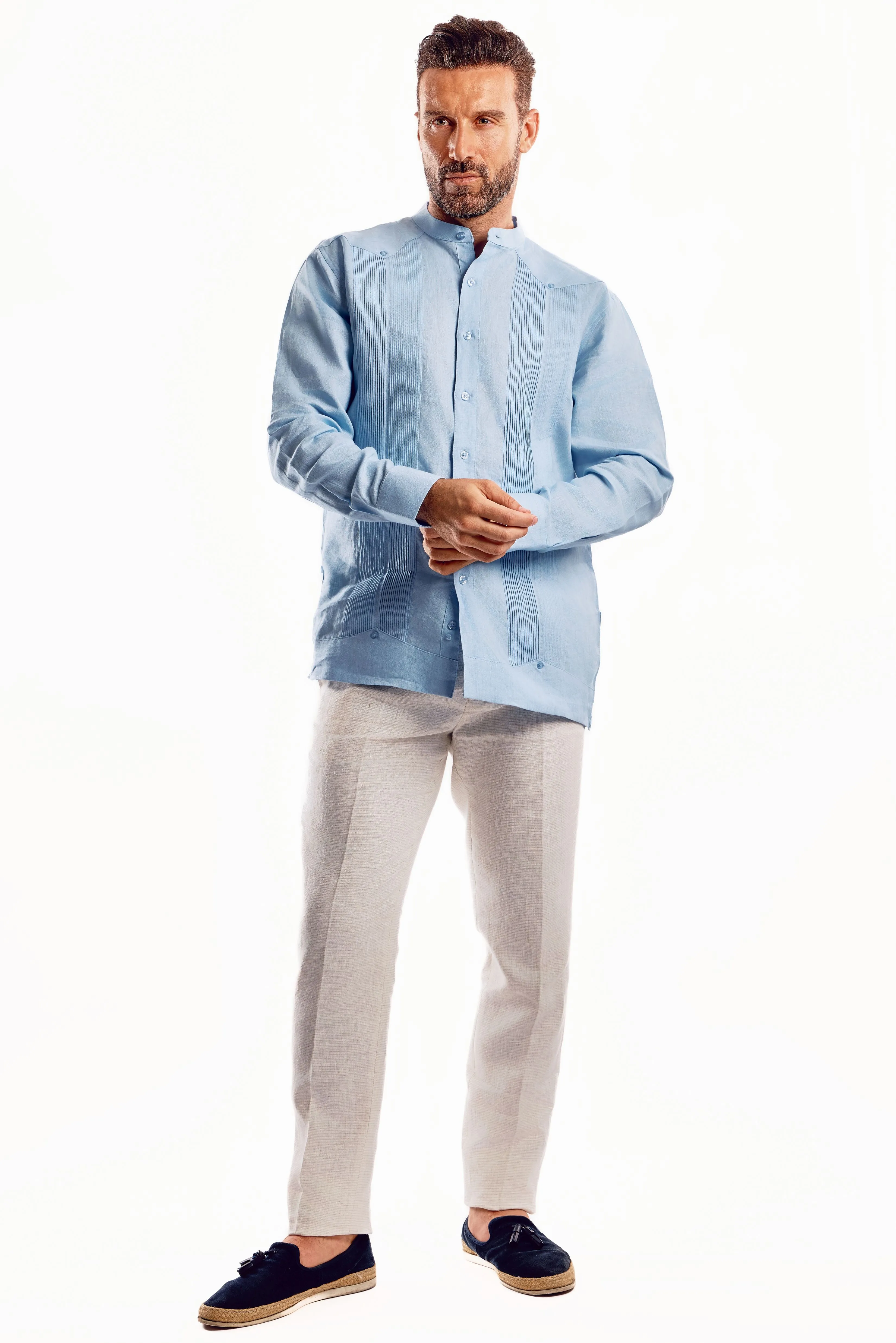 Mojito Men’s 100% Linen Mandarin Collar Resort Wedding Guayabera with Pleated Detailing