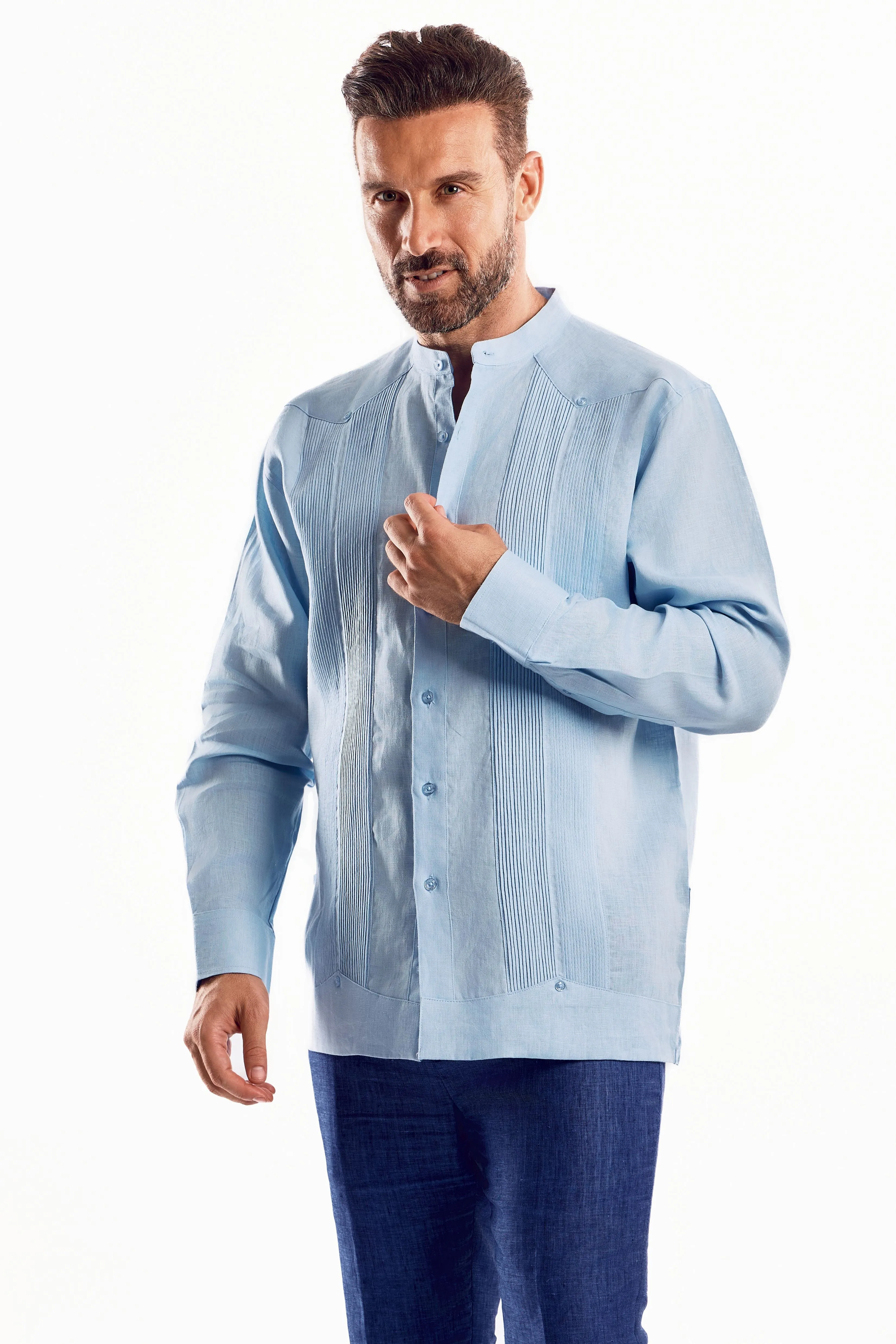 Mojito Men’s 100% Linen Mandarin Collar Resort Wedding Guayabera with Pleated Detailing