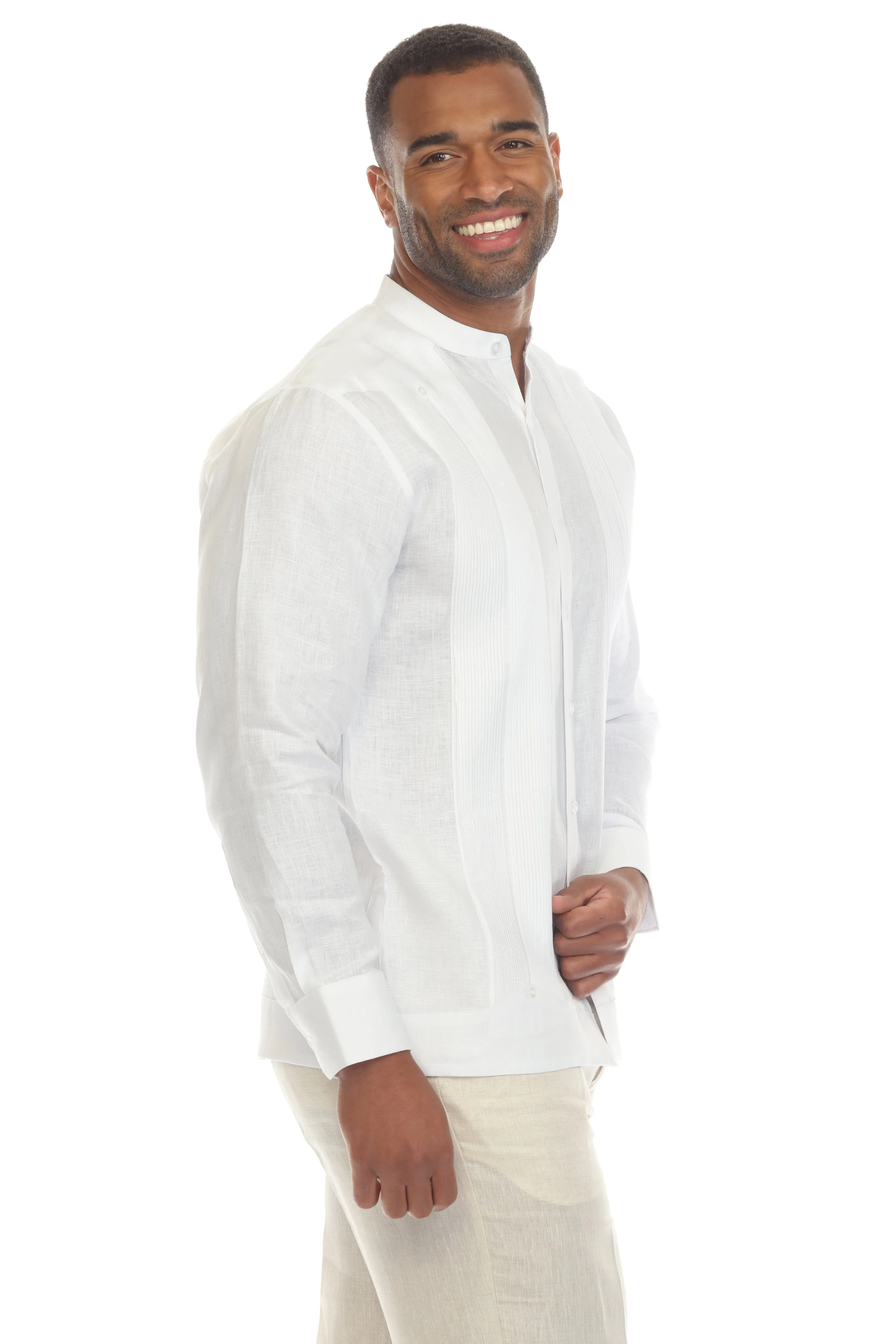 Mojito Men’s 100% Linen Mandarin Collar Resort Wedding Guayabera with Pleated Detailing