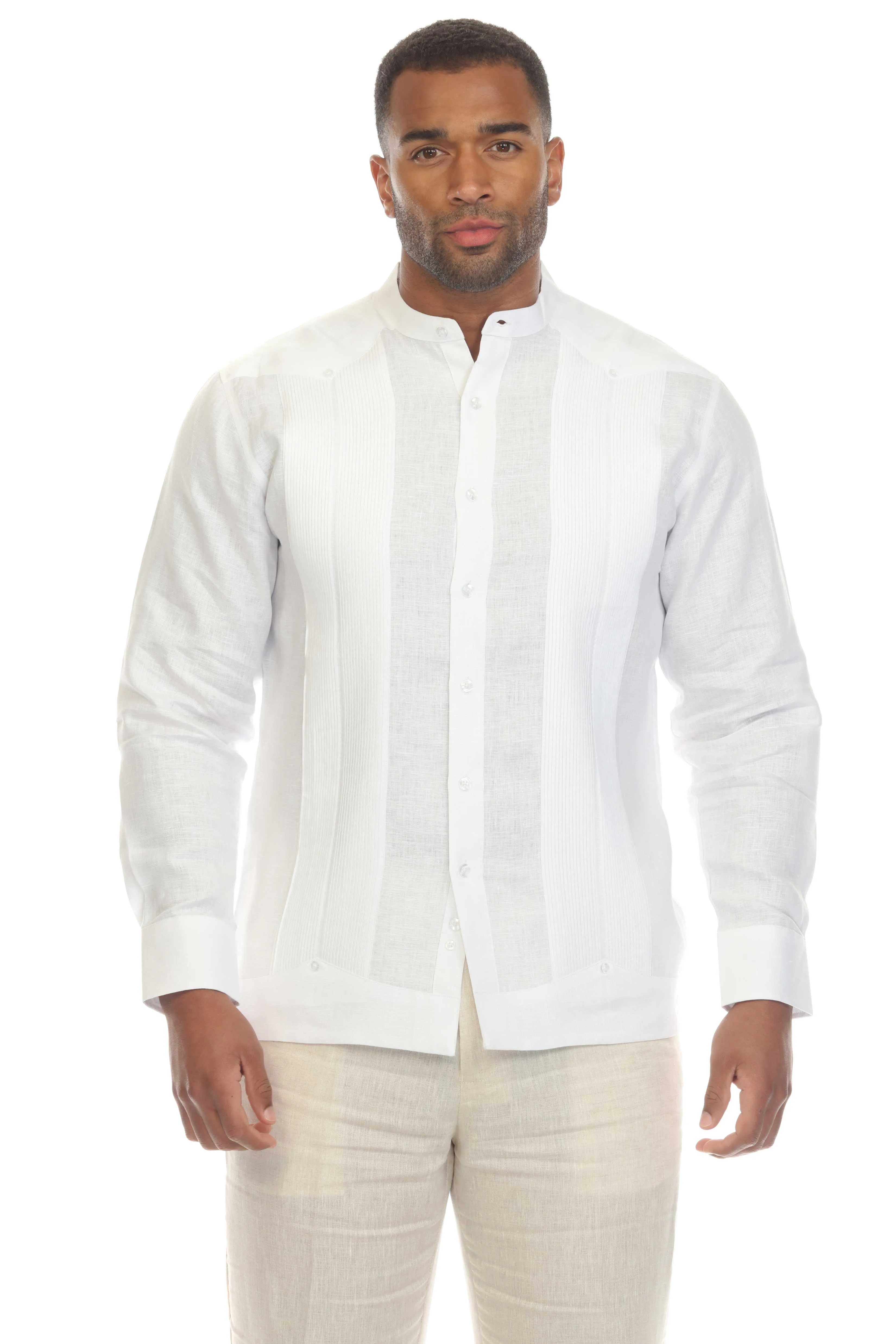Mojito Men’s 100% Linen Mandarin Collar Resort Wedding Guayabera with Pleated Detailing