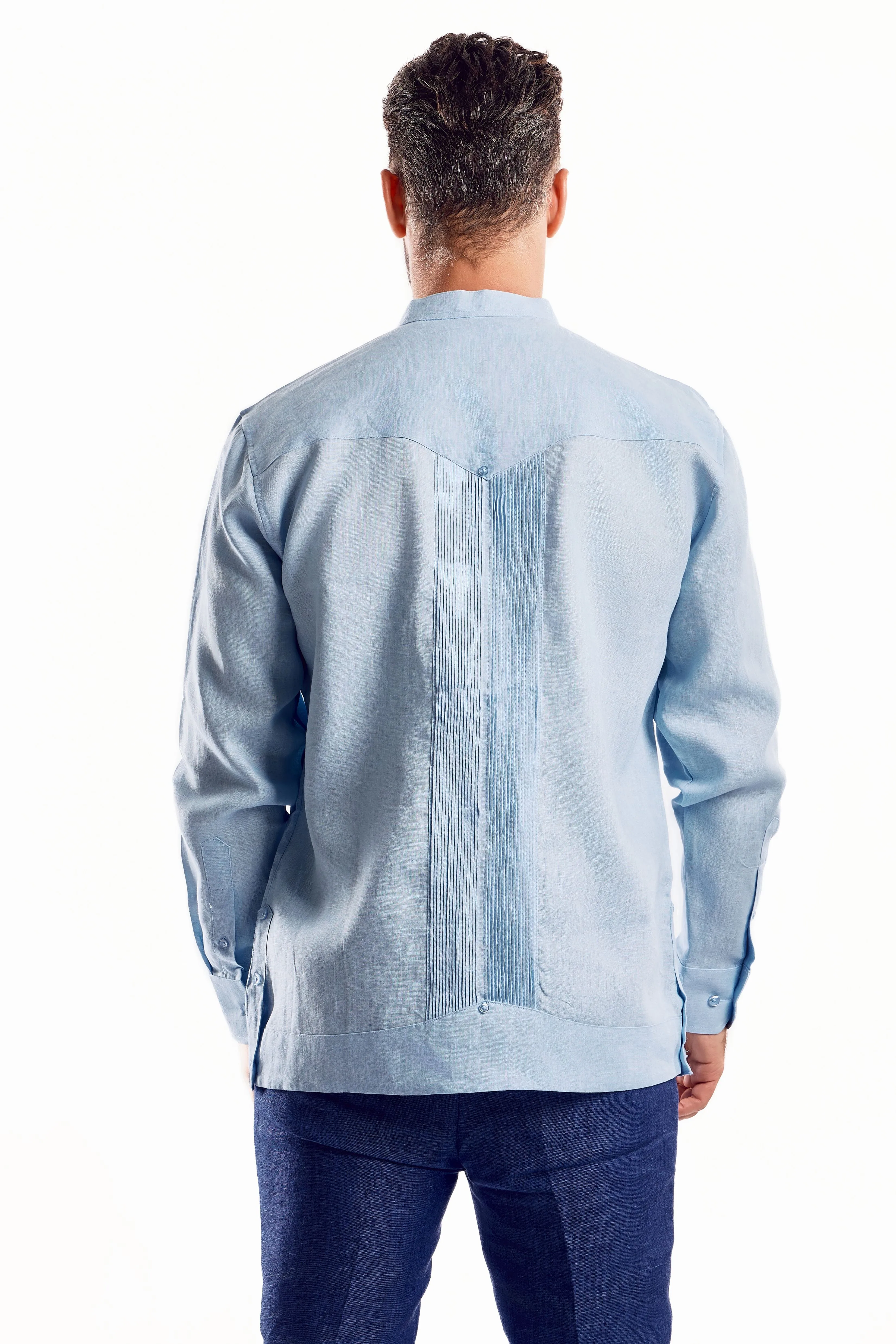 Mojito Men’s 100% Linen Mandarin Collar Resort Wedding Guayabera with Pleated Detailing