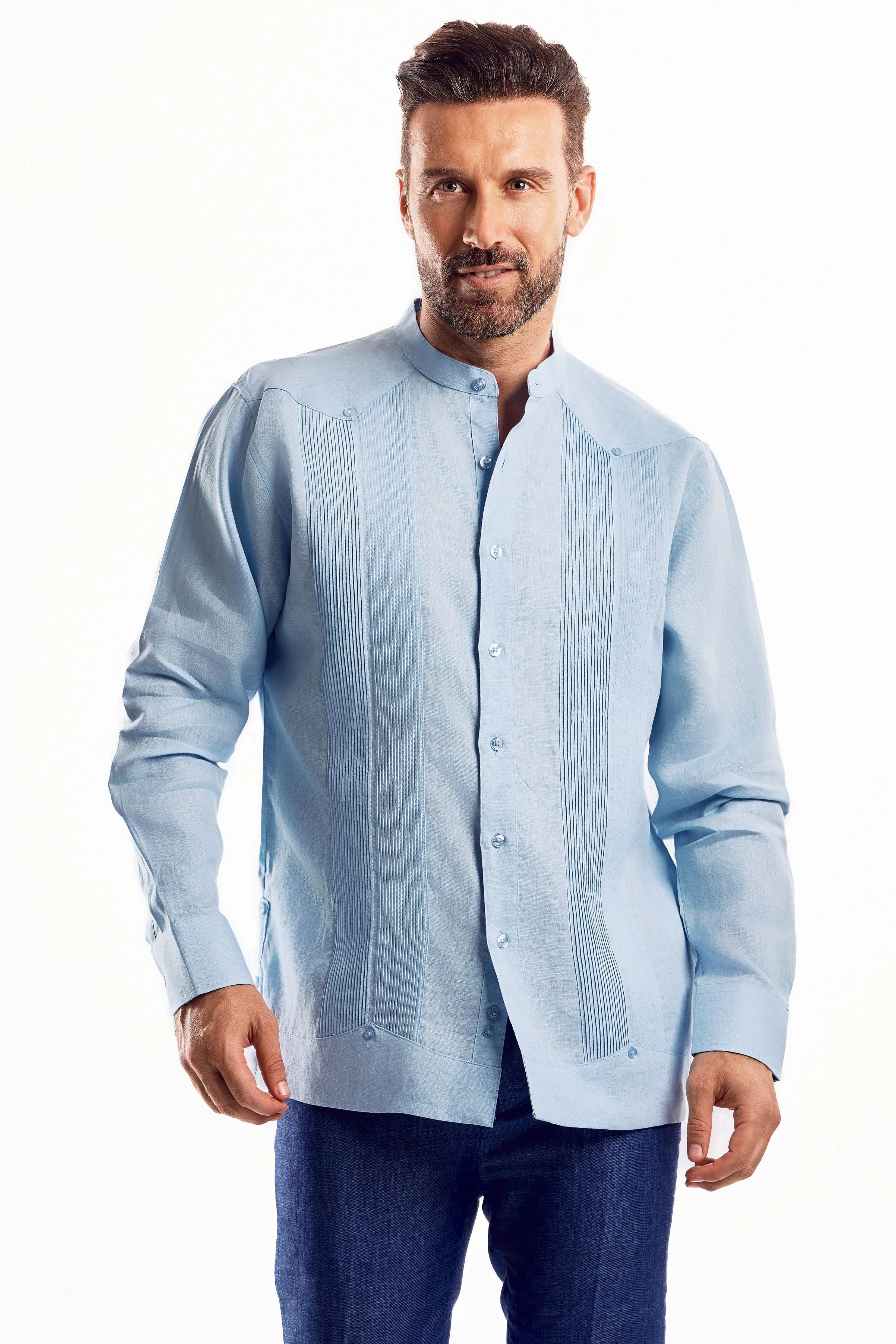 Mojito Men’s 100% Linen Mandarin Collar Resort Wedding Guayabera with Pleated Detailing