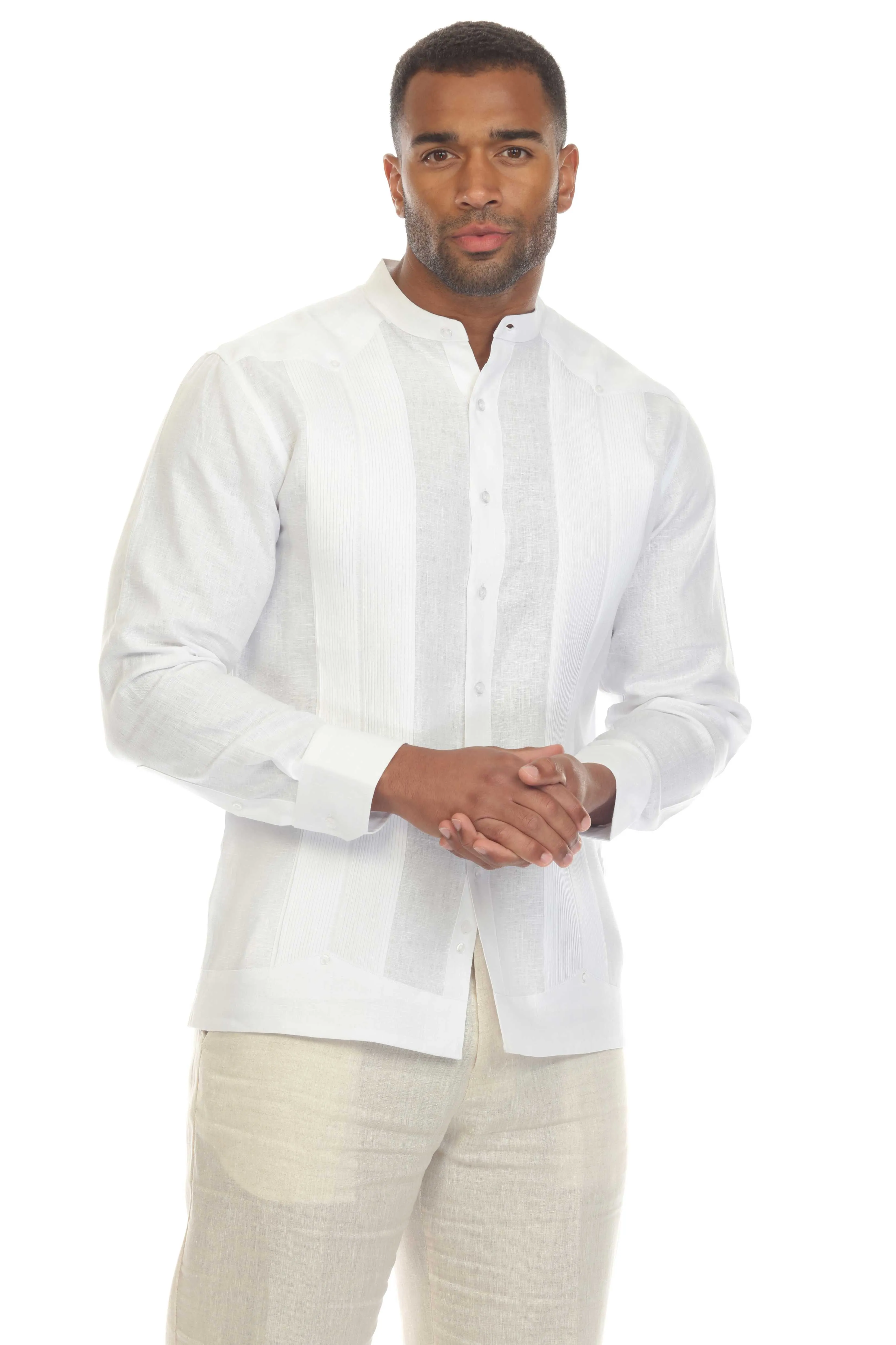 Mojito Men’s 100% Linen Mandarin Collar Resort Wedding Guayabera with Pleated Detailing