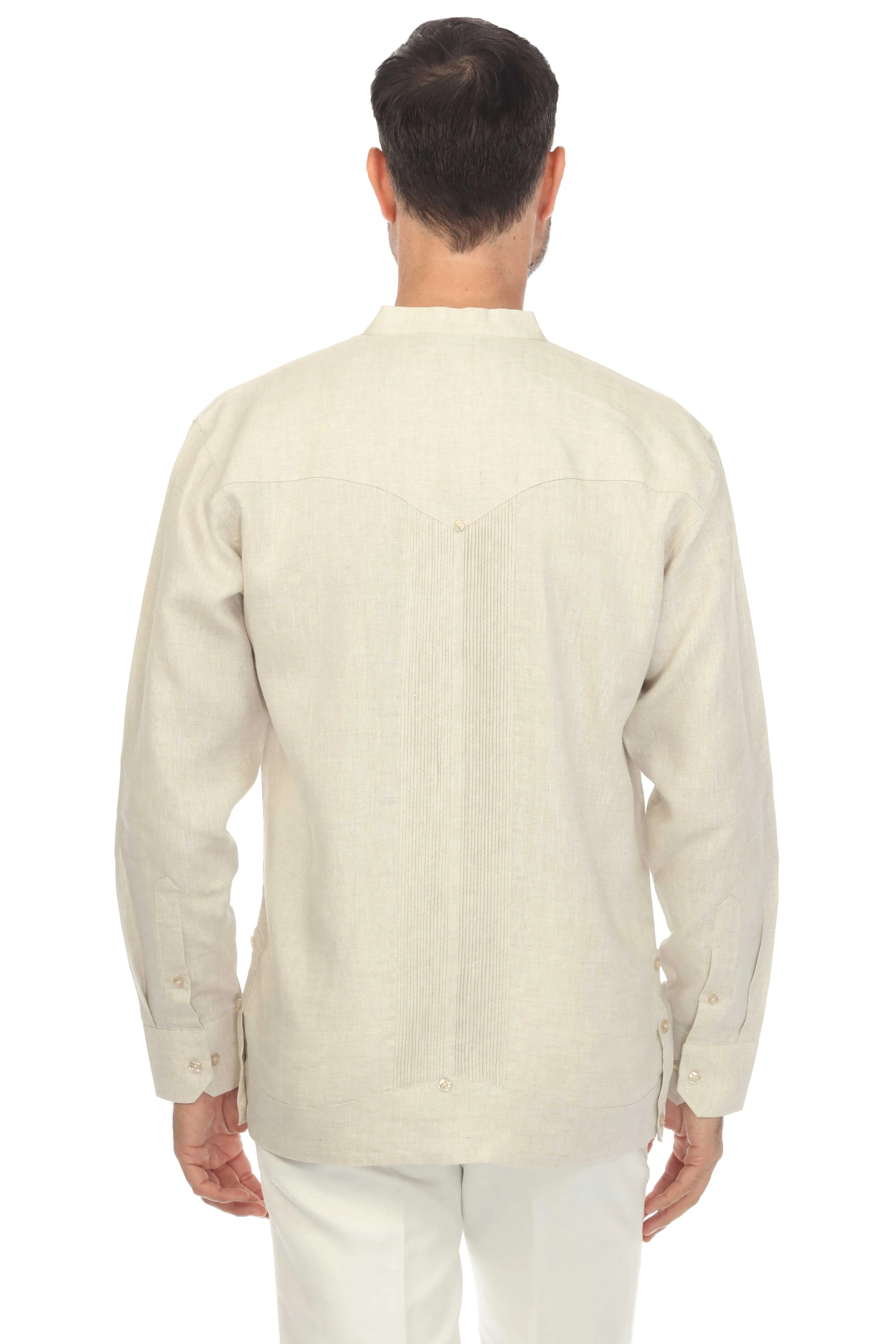 Mojito Men’s 100% Linen Mandarin Collar Resort Wedding Guayabera with Pleated Detailing