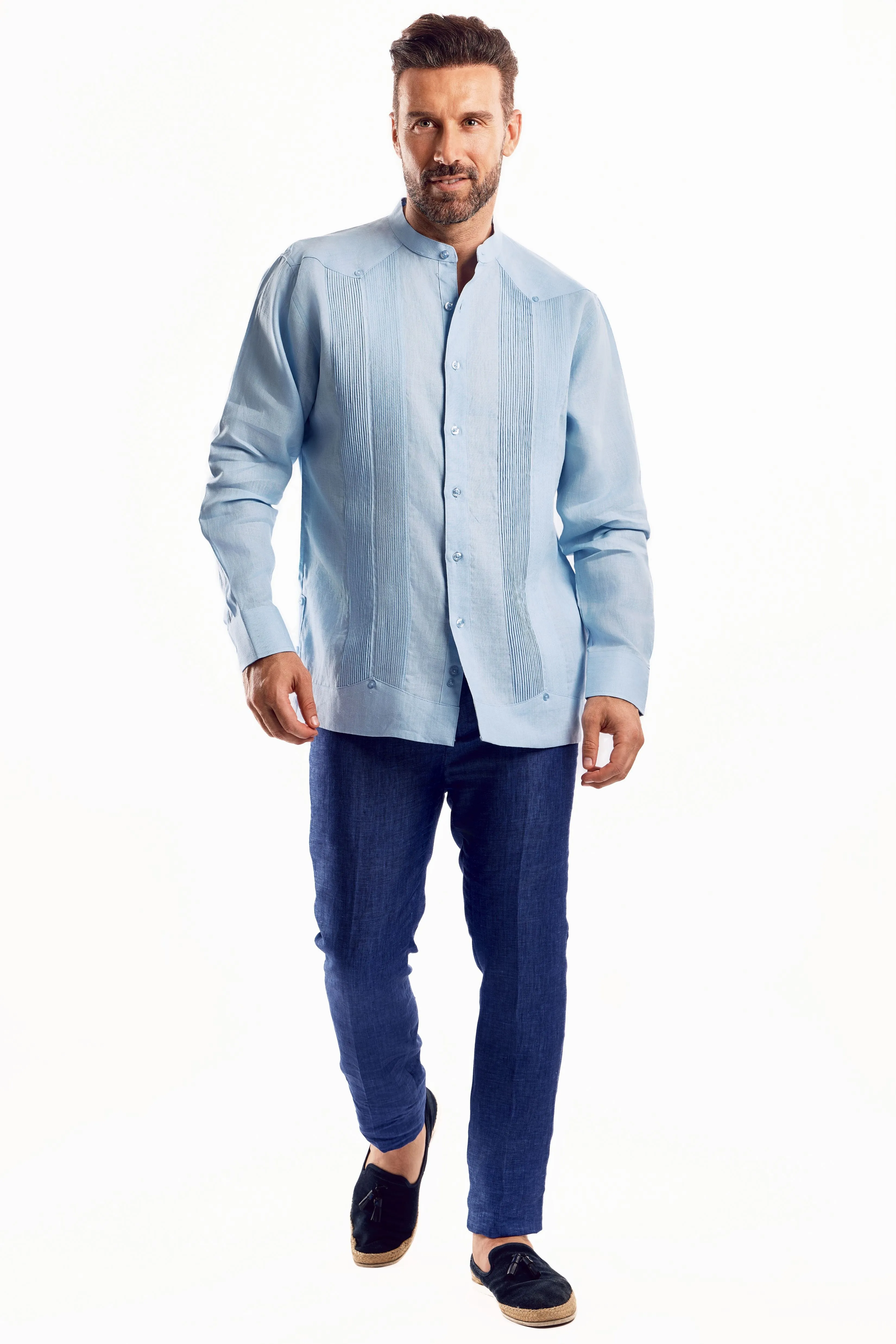 Mojito Men’s 100% Linen Mandarin Collar Resort Wedding Guayabera with Pleated Detailing