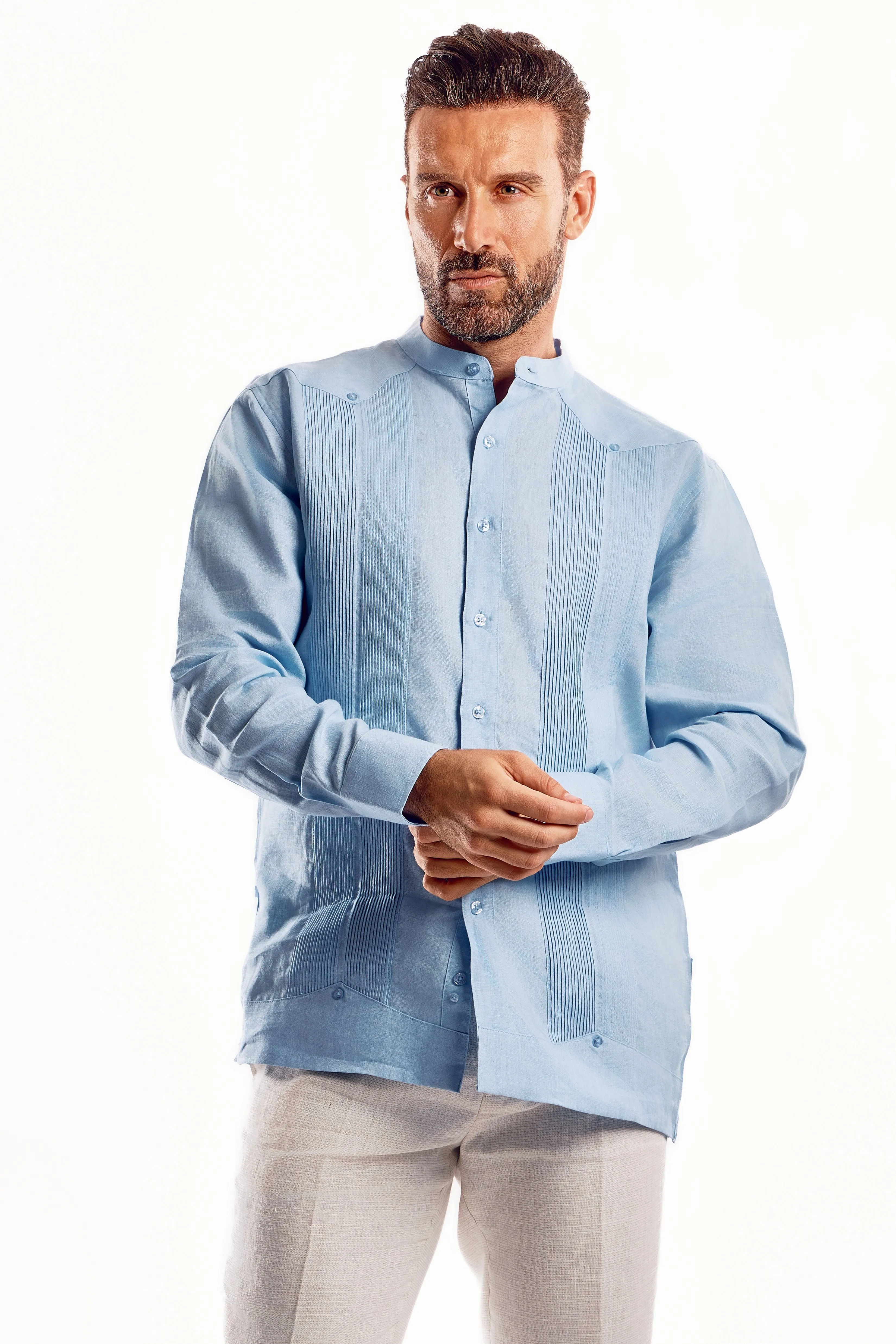 Mojito Men’s 100% Linen Mandarin Collar Resort Wedding Guayabera with Pleated Detailing