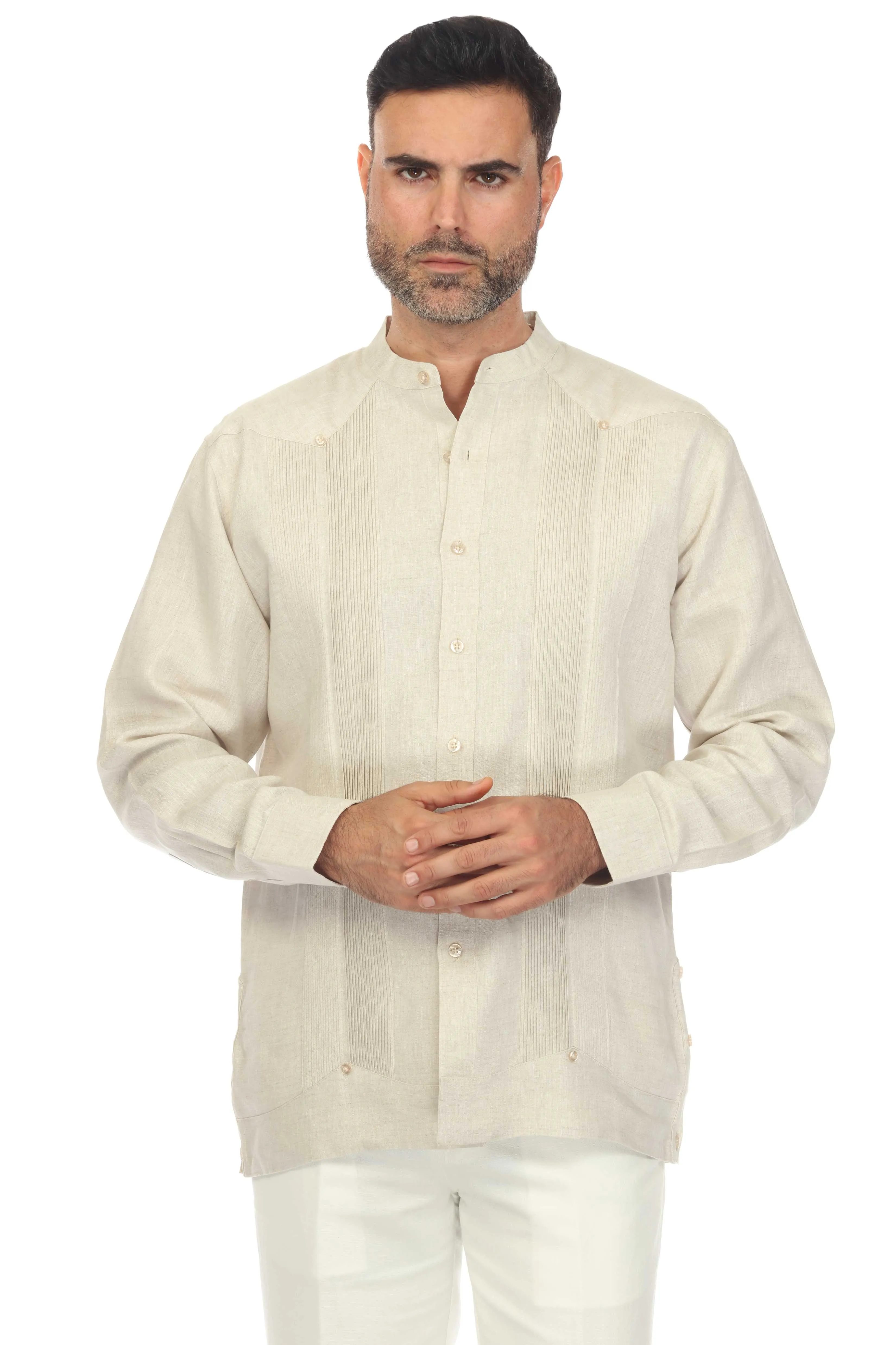 Mojito Men’s 100% Linen Mandarin Collar Resort Wedding Guayabera with Pleated Detailing