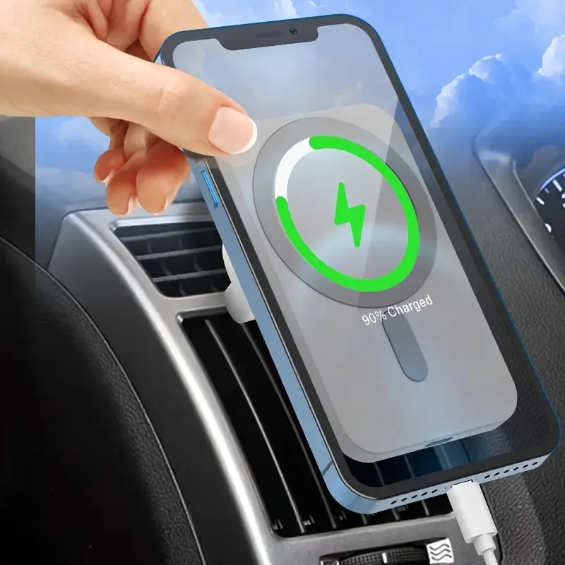 NEW Retails $60 15W Magnetic Wireless Car Charger - Fast Charging Center Console Bracket for iPhone 15/14/13/12 Mini/Pro/Pro Max/Plus - Stick-On Dashboard Air Vent Car Phone Holder with Adapter for Convenient Mounting