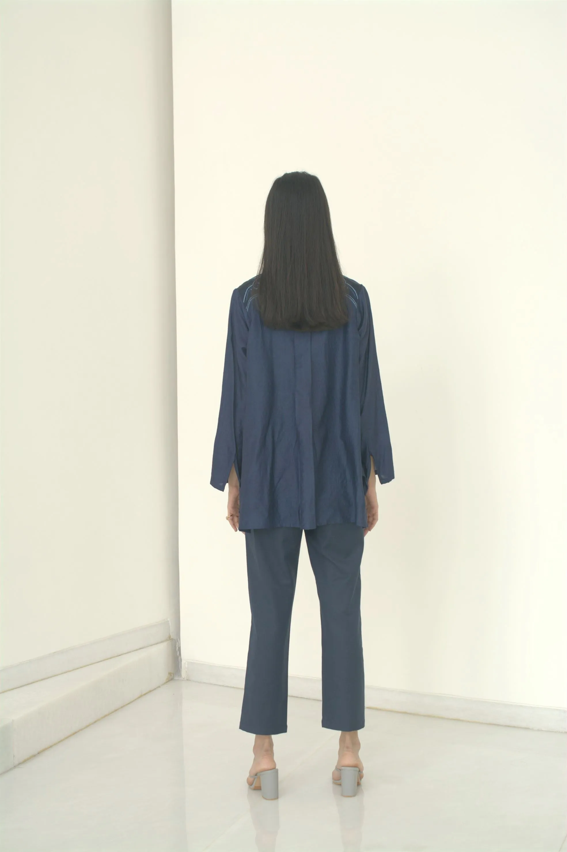 New Season Summer to Fall 2024-Blouse Embroidered Yoke Organza Silk Midnight Blue-MB/TS/028-Suzanne-Fashion Edit Hemji