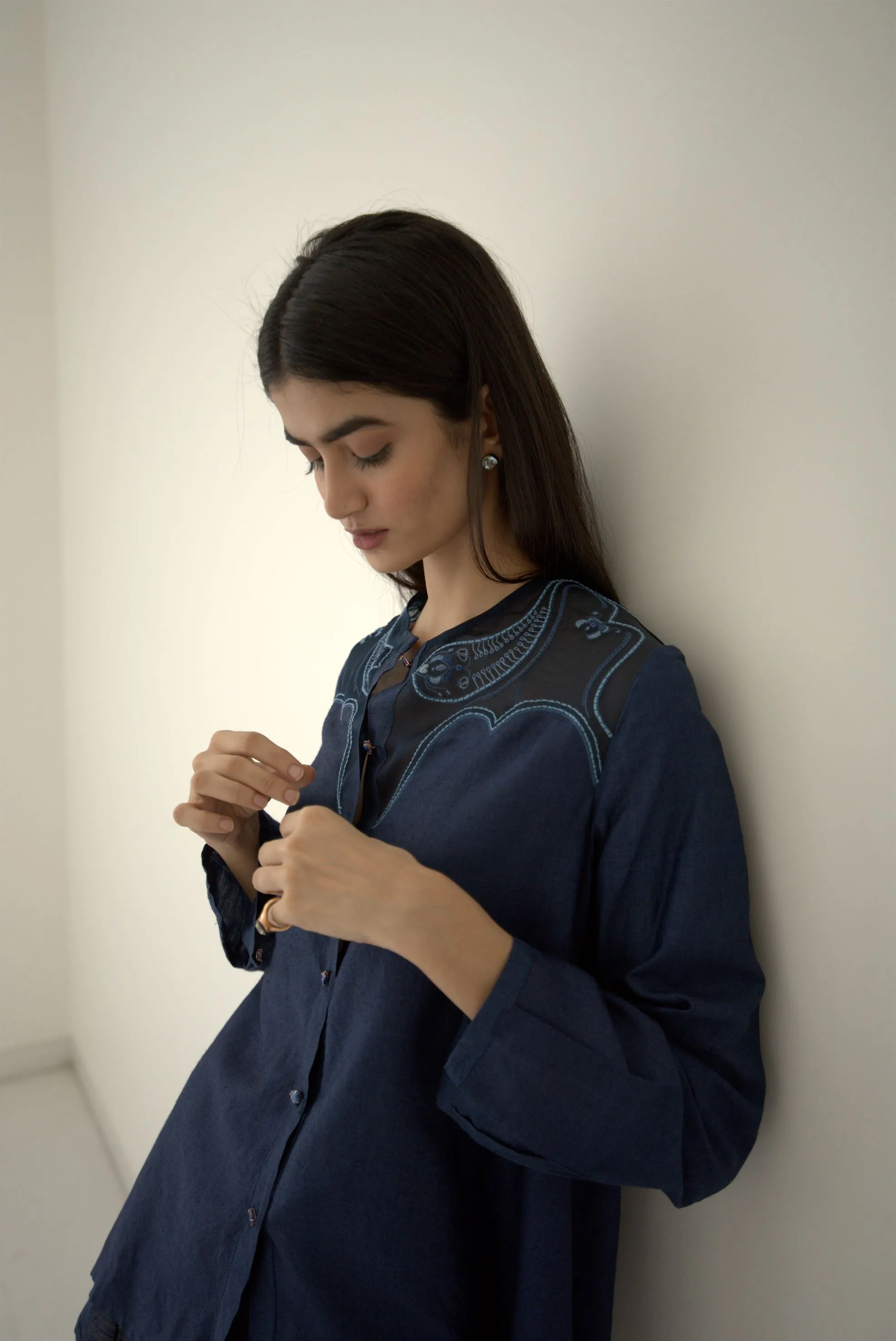 New Season Summer to Fall 2024-Blouse Embroidered Yoke Organza Silk Midnight Blue-MB/TS/028-Suzanne-Fashion Edit Hemji