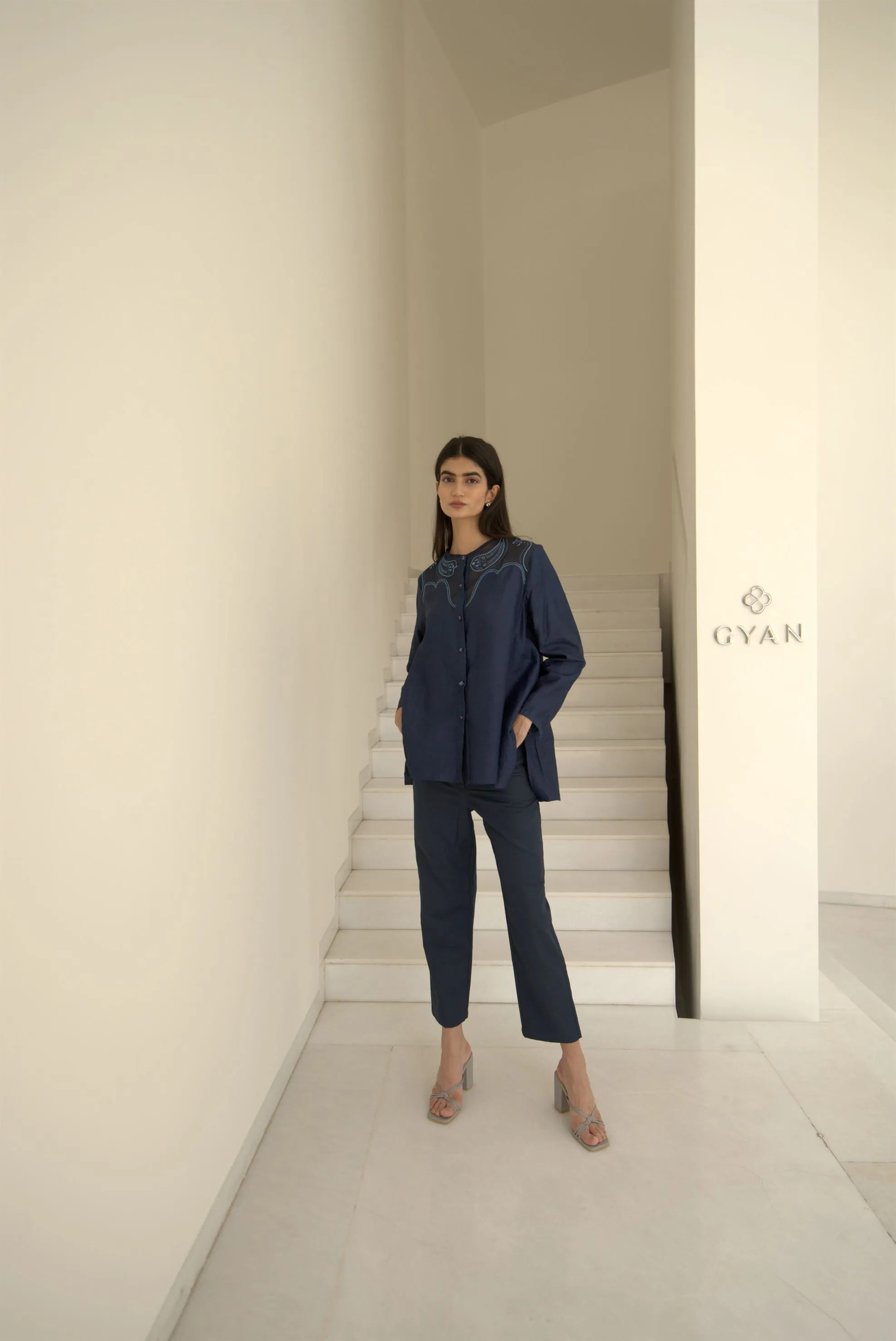 New Season Summer to Fall 2024-Blouse Embroidered Yoke Organza Silk Midnight Blue-MB/TS/028-Suzanne-Fashion Edit Hemji