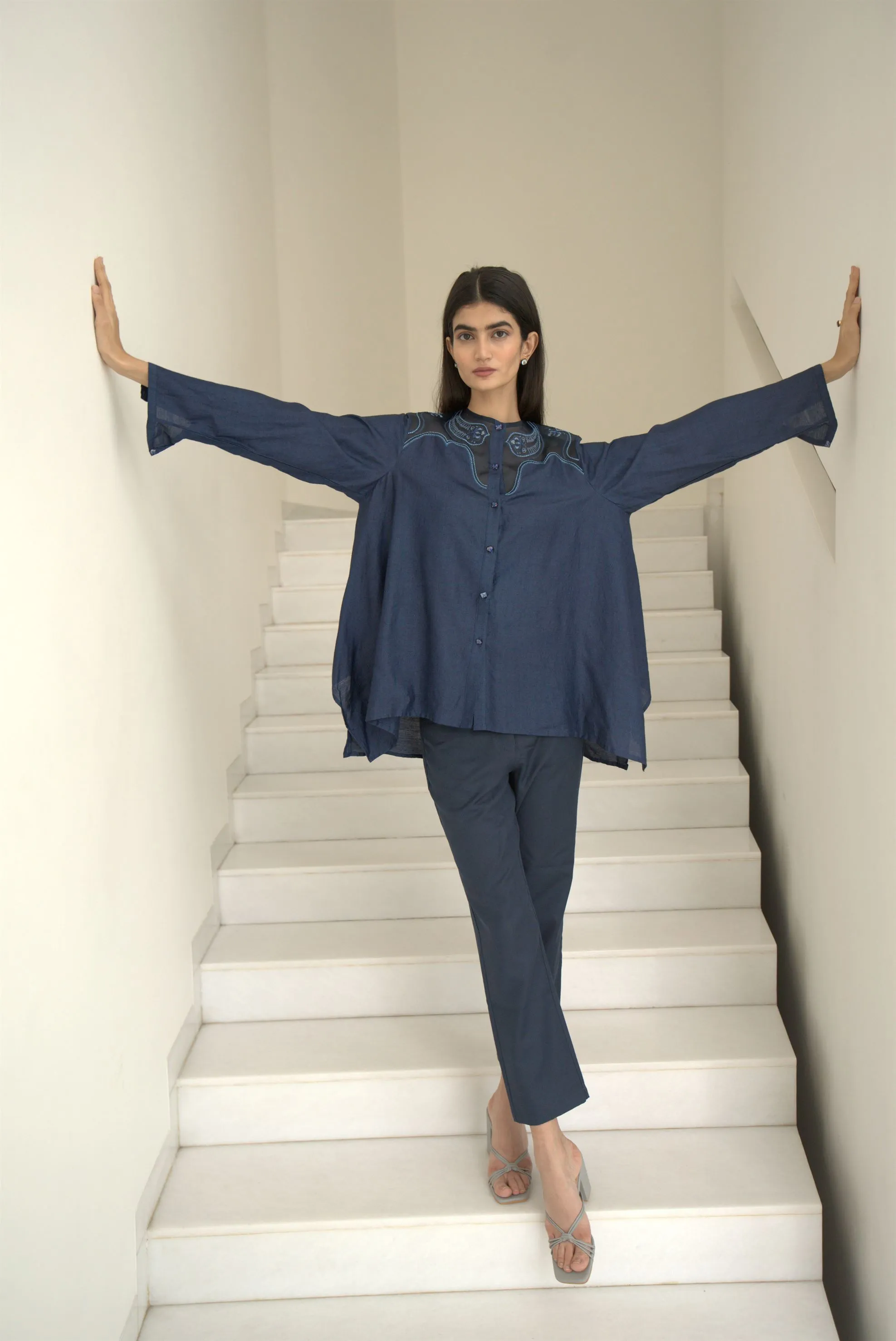 New Season Summer to Fall 2024-Blouse Embroidered Yoke Organza Silk Midnight Blue-MB/TS/028-Suzanne-Fashion Edit Hemji