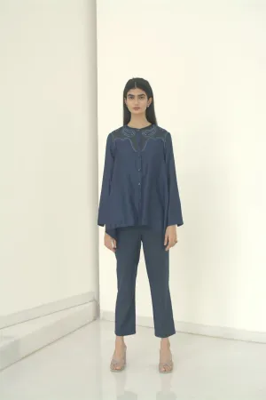 New Season Summer to Fall 2024-Blouse Embroidered Yoke Organza Silk Midnight Blue-MB/TS/028-Suzanne-Fashion Edit Hemji