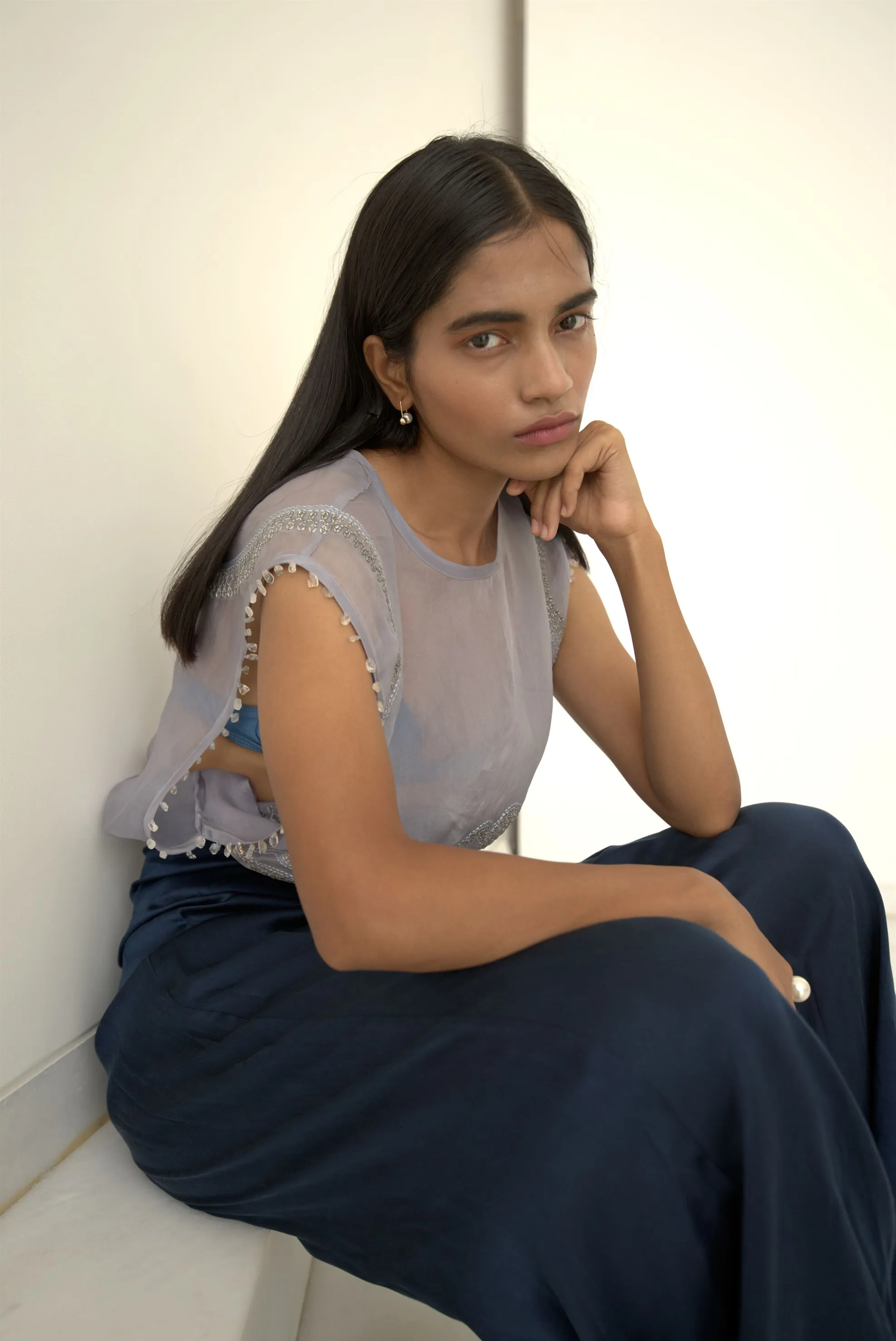 New Season Summer to Fall 2024-Top Embellished Silk Pigeon Blue-B/OS/026-Suzanne-Fashion Edit Hemji
