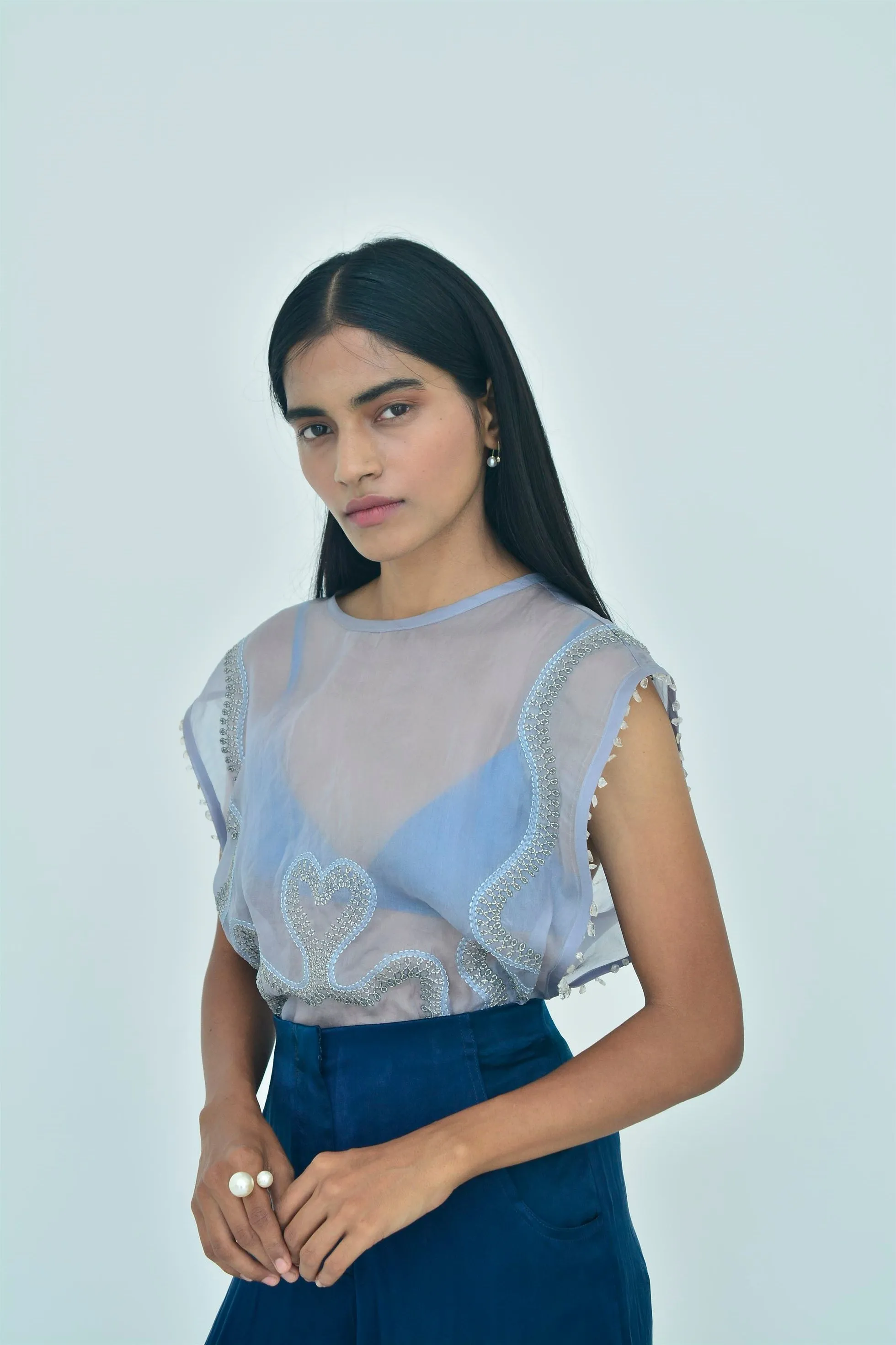 New Season Summer to Fall 2024-Top Embellished Silk Pigeon Blue-B/OS/026-Suzanne-Fashion Edit Hemji