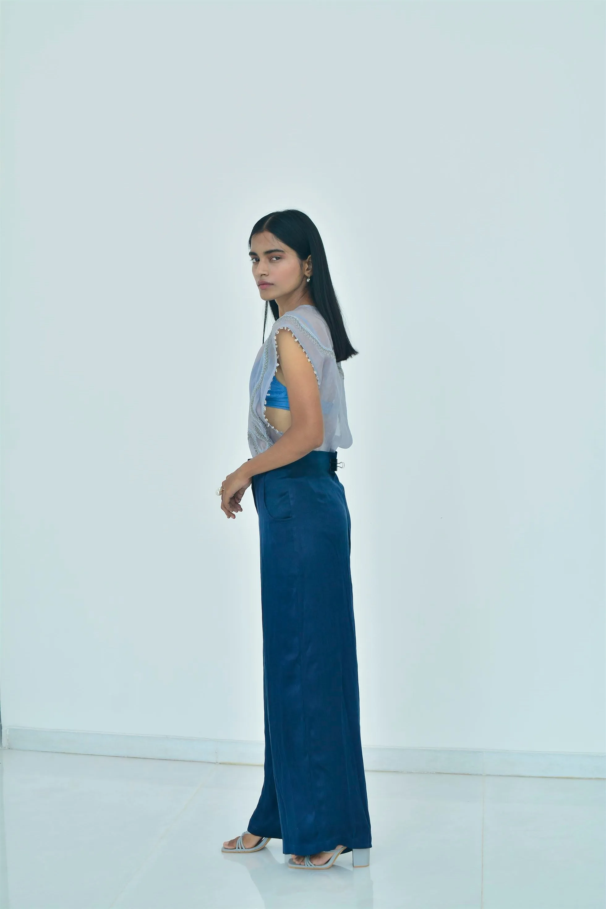 New Season Summer to Fall 2024-Top Embellished Silk Pigeon Blue-B/OS/026-Suzanne-Fashion Edit Hemji
