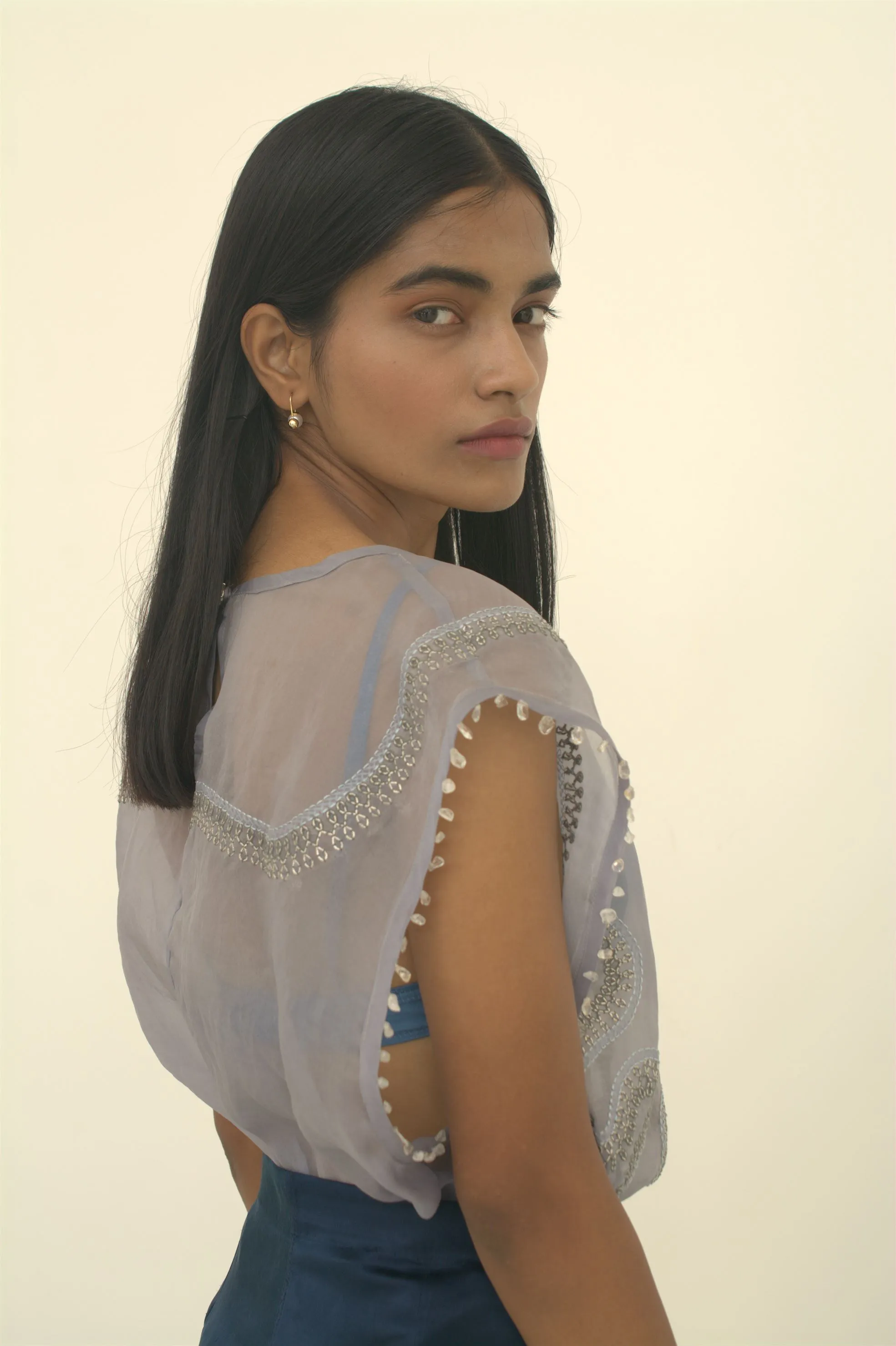 New Season Summer to Fall 2024-Top Embellished Silk Pigeon Blue-B/OS/026-Suzanne-Fashion Edit Hemji