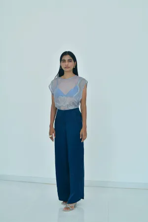 New Season Summer to Fall 2024-Top Embellished Silk Pigeon Blue-B/OS/026-Suzanne-Fashion Edit Hemji
