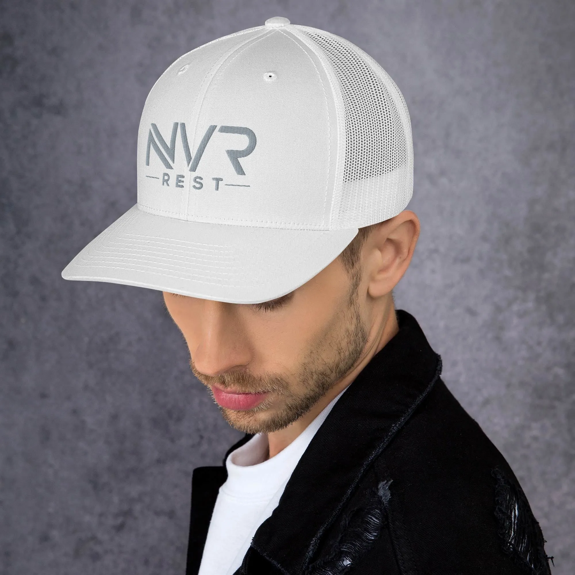 NVR REST Silver on White Snap Back