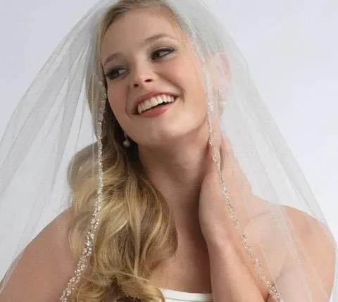 One Layer Fingertip Beading Edge Wedding Veil with Crystals and Sequins APWV0018