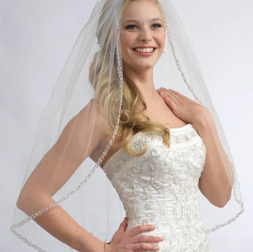 One Layer Fingertip Beading Edge Wedding Veil with Crystals and Sequins APWV0018
