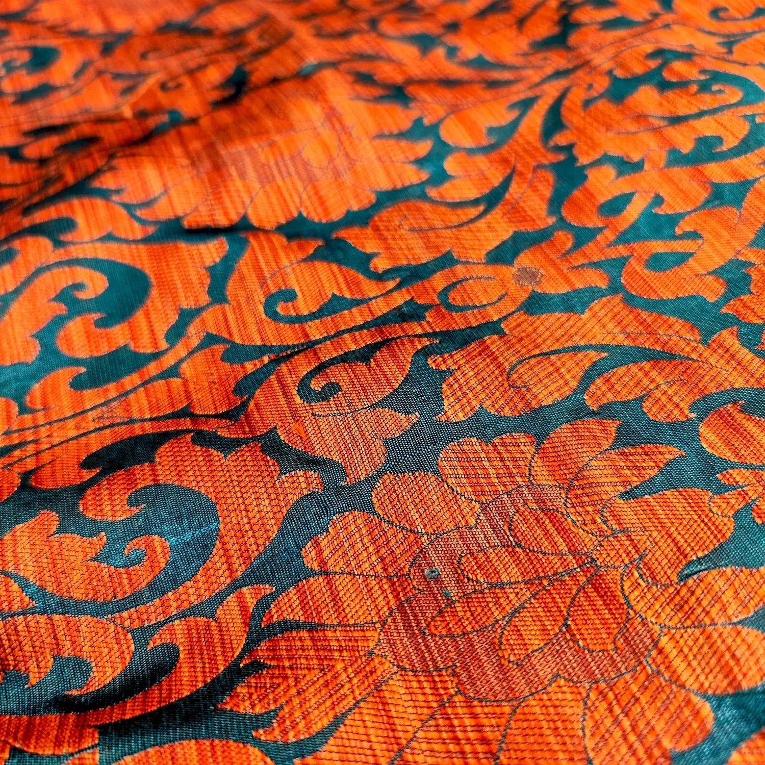 Orange Brocade Ghicha Silk Banarasi Fabric