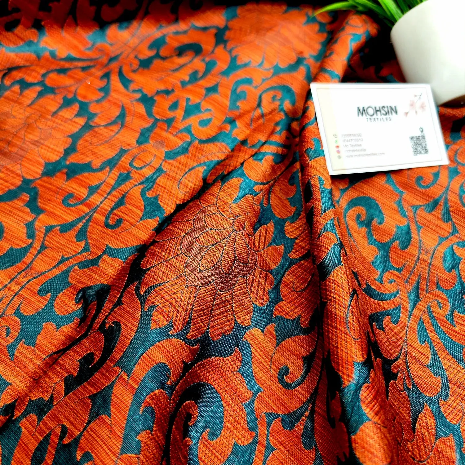 Orange Brocade Ghicha Silk Banarasi Fabric