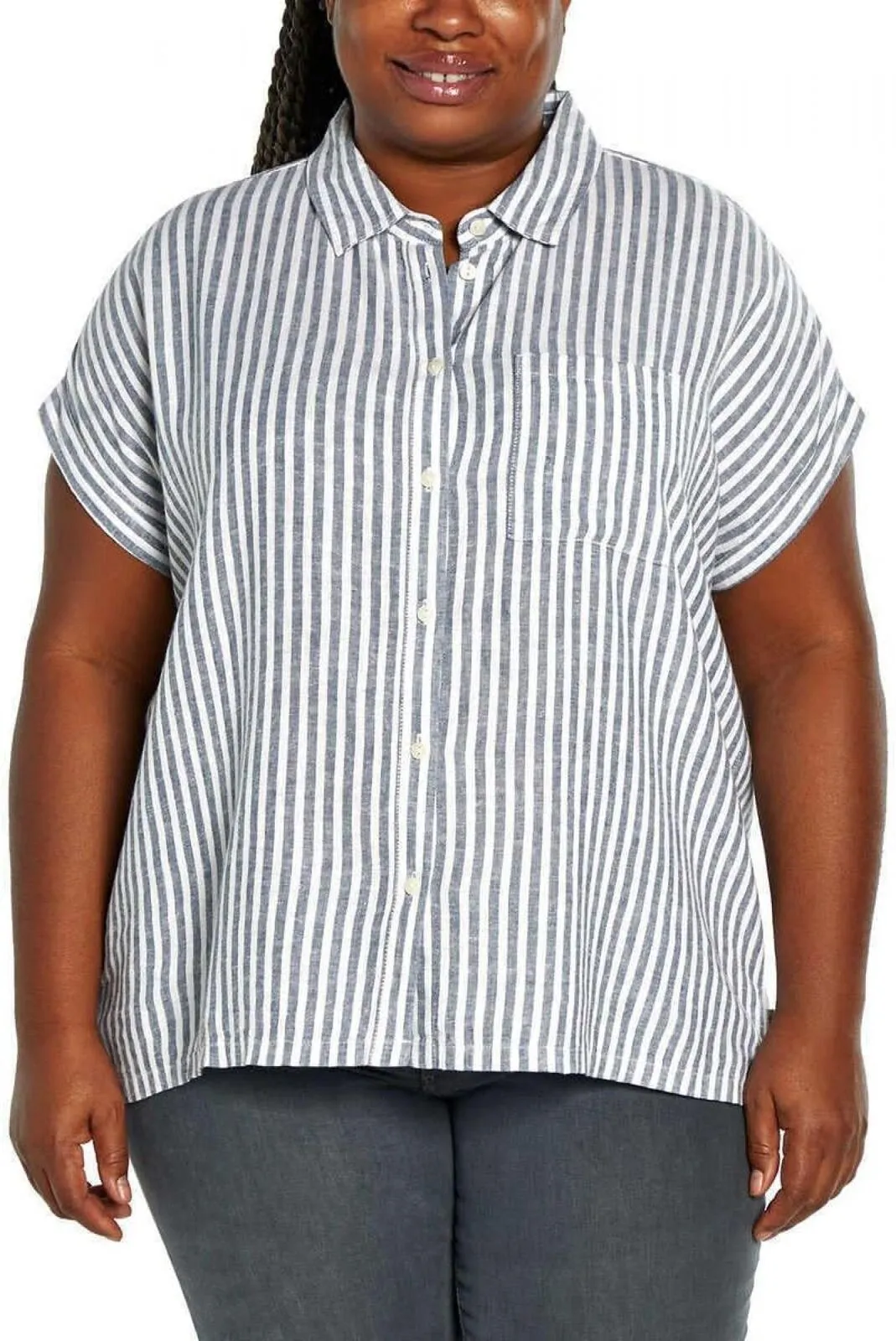 Orvis Womens Linen Blend Button Up Shirt 1758407 Blue Stripe 2XL