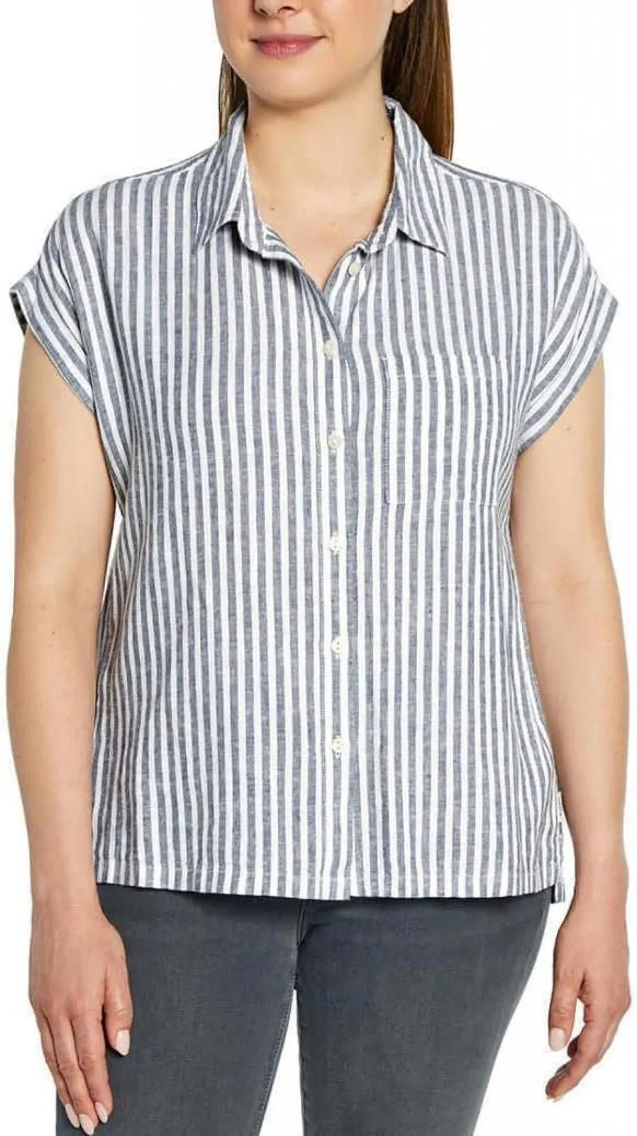 Orvis Womens Linen Blend Button Up Shirt 1758407 Blue Stripe 2XL