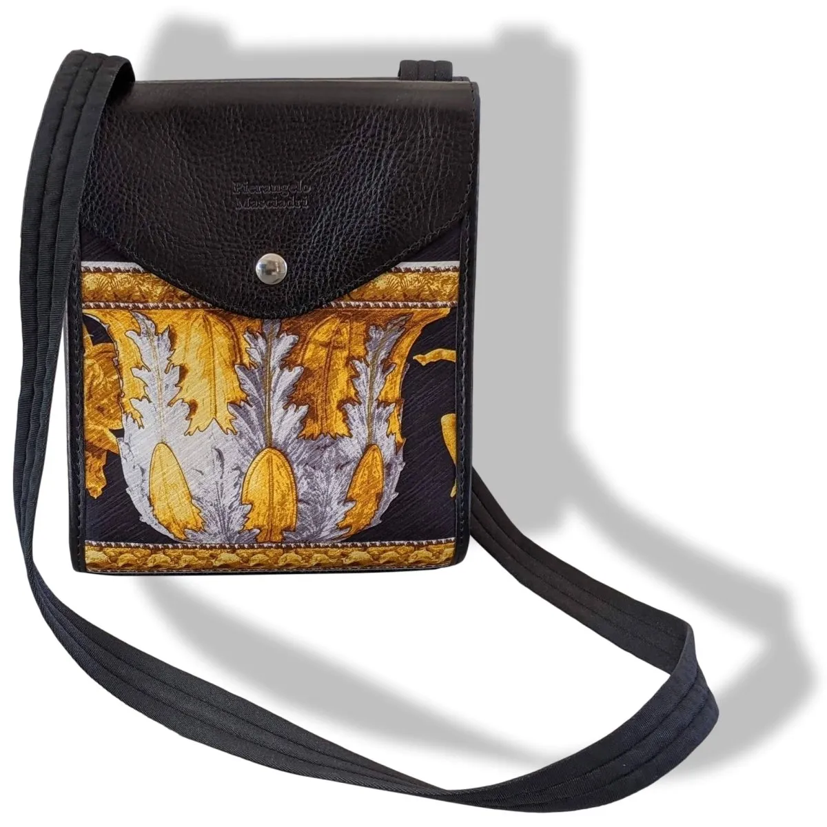 Pierangelo Masciadri Black/Gold Silk Leather Crossbody Pochette Bag Double Flaps New!