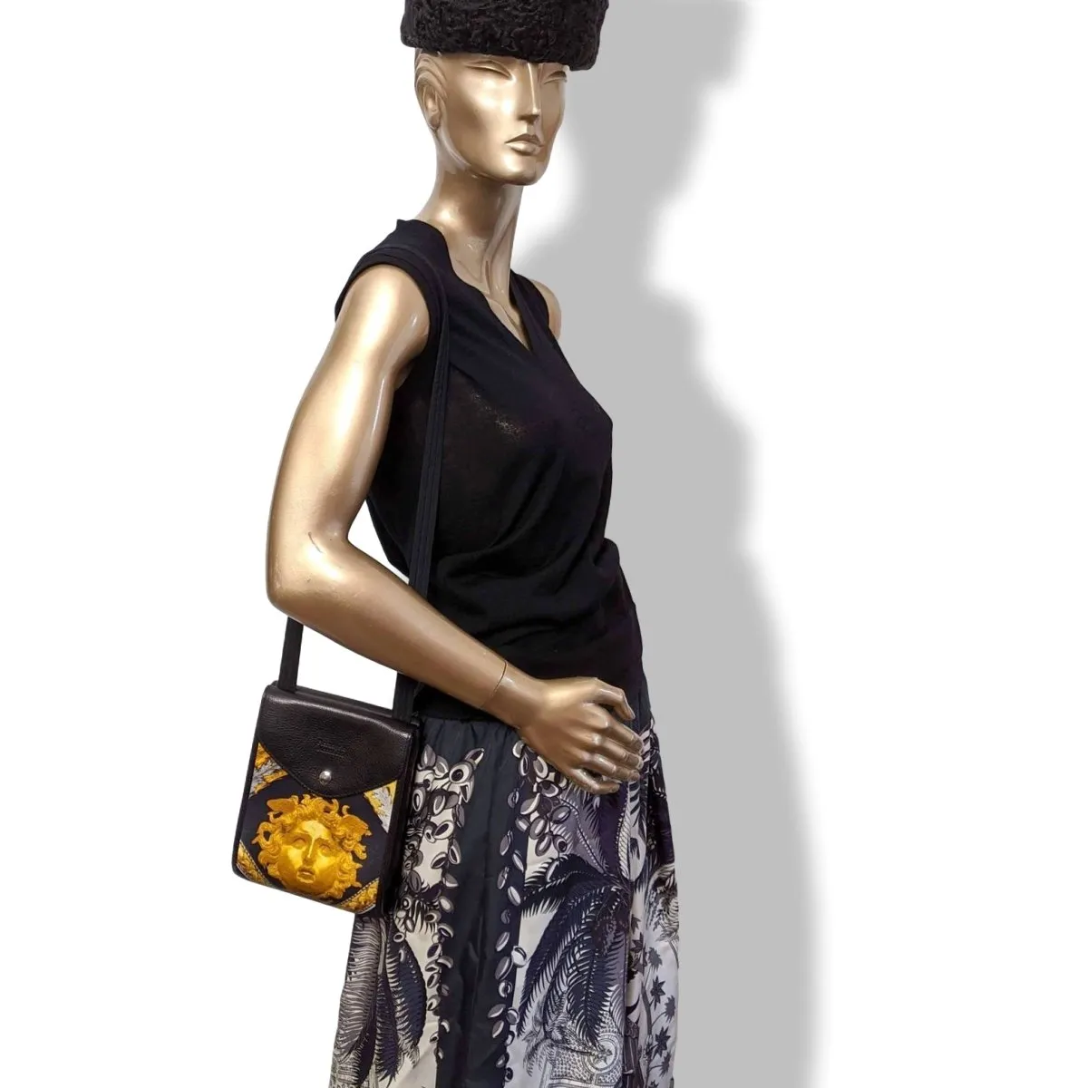 Pierangelo Masciadri Black/Gold Silk Leather Crossbody Pochette Bag Double Flaps New!