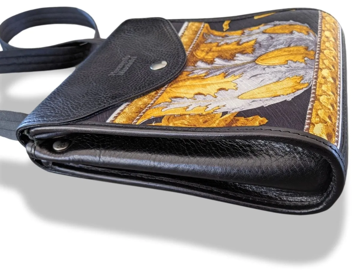 Pierangelo Masciadri Black/Gold Silk Leather Crossbody Pochette Bag Double Flaps New!