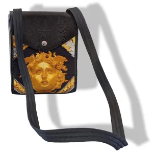 Pierangelo Masciadri Black/Gold Silk Leather Crossbody Pochette Bag Double Flaps New!