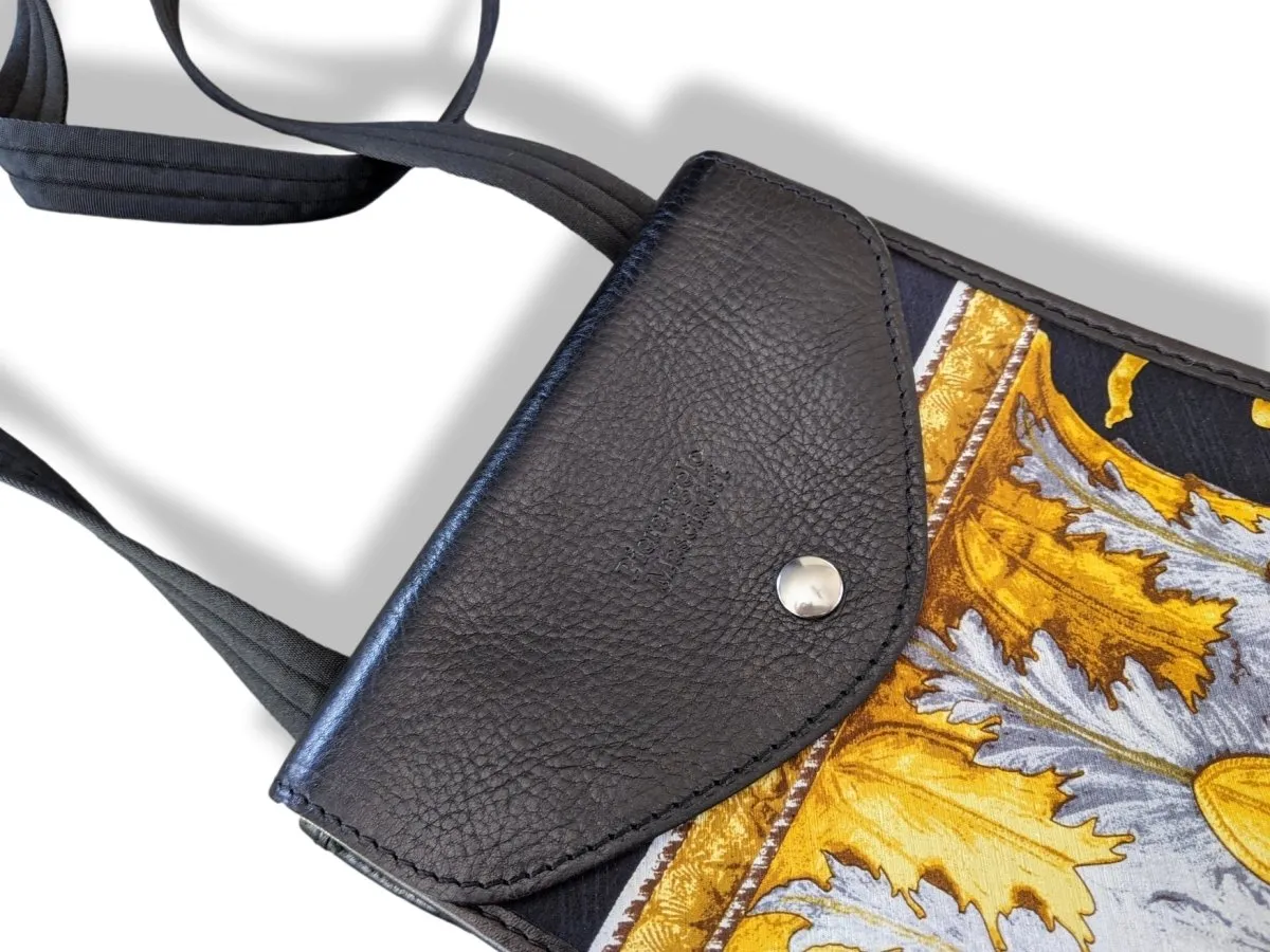 Pierangelo Masciadri Black/Gold Silk Leather Crossbody Pochette Bag Double Flaps New!