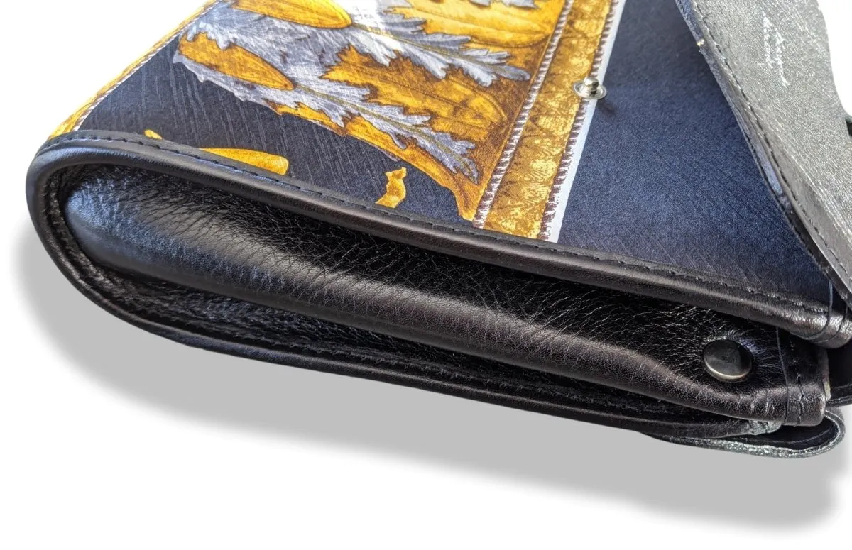 Pierangelo Masciadri Black/Gold Silk Leather Crossbody Pochette Bag Double Flaps New!