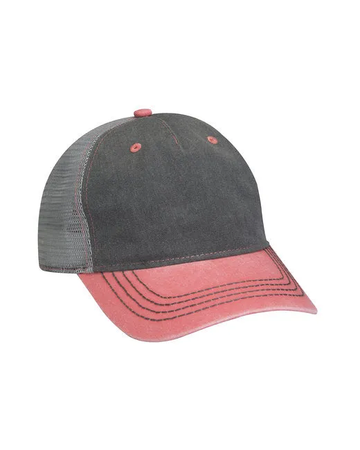 Pigment-Dyed Twill & Mesh 5 Panel Trucker Cap
