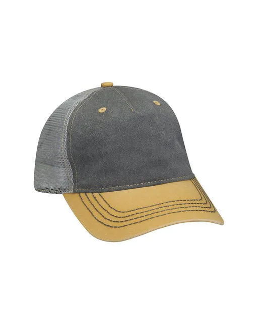 Pigment-Dyed Twill & Mesh 5 Panel Trucker Cap