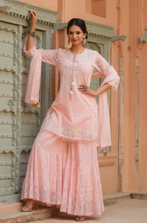 Pink Chanderi Silk Embroidered Kurti Sharara Dupatta Set