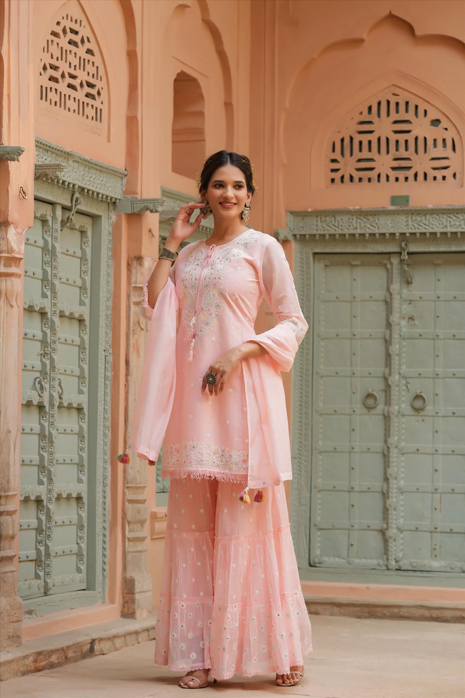 Pink Chanderi Silk Embroidered Kurti Sharara Dupatta Set