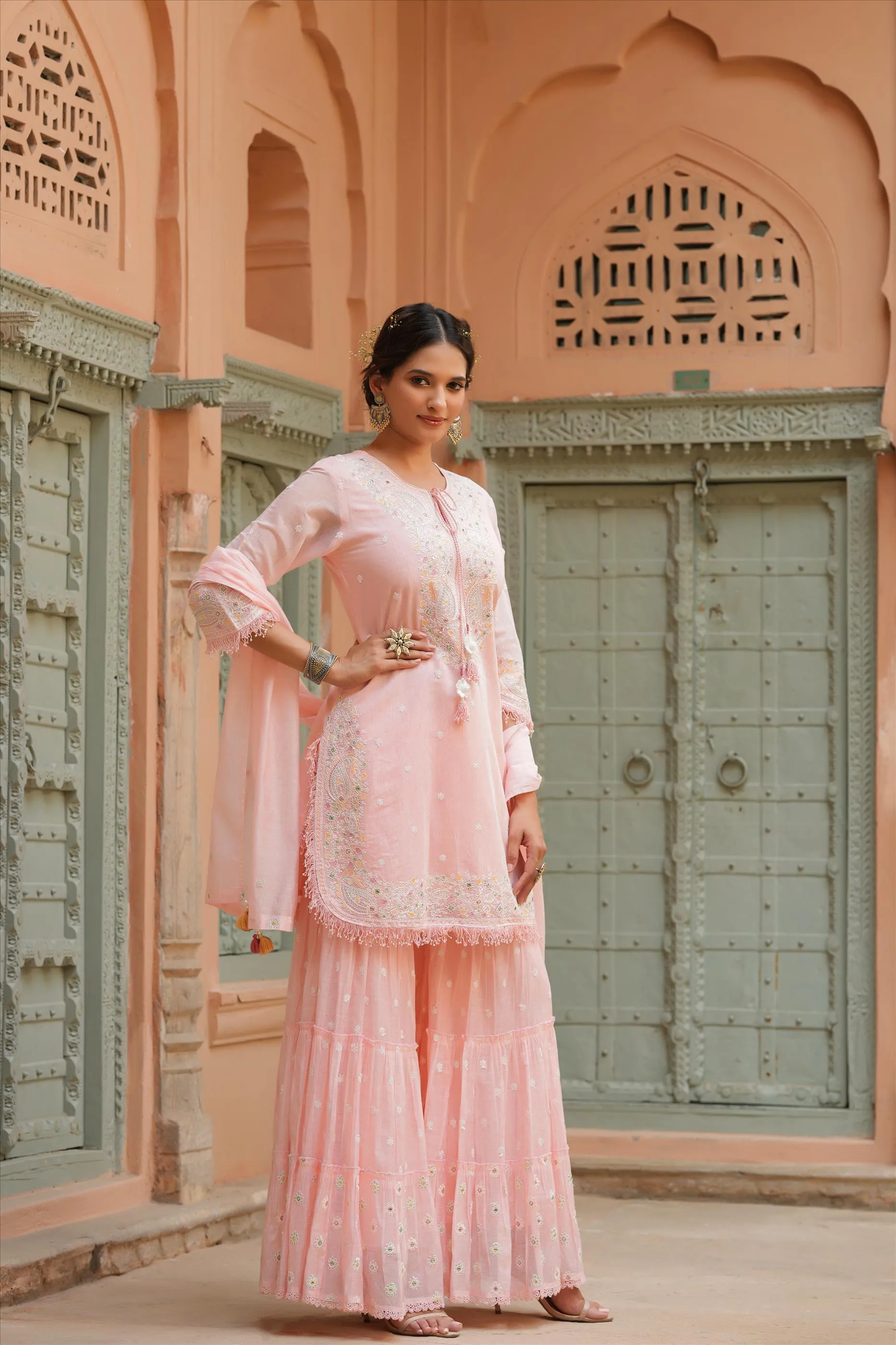 Pink Chanderi Silk Embroidered Kurti Sharara Dupatta Set